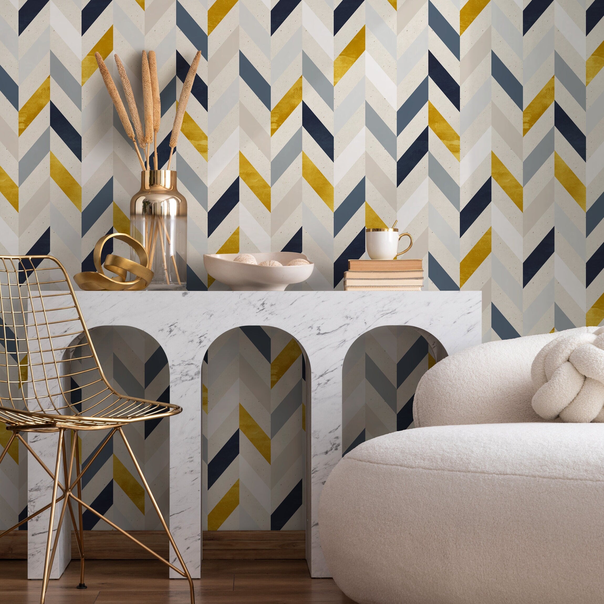 Geometric Wallpaper With A Modern Chevron Motif In Yellow, Blue, And Gray - A104