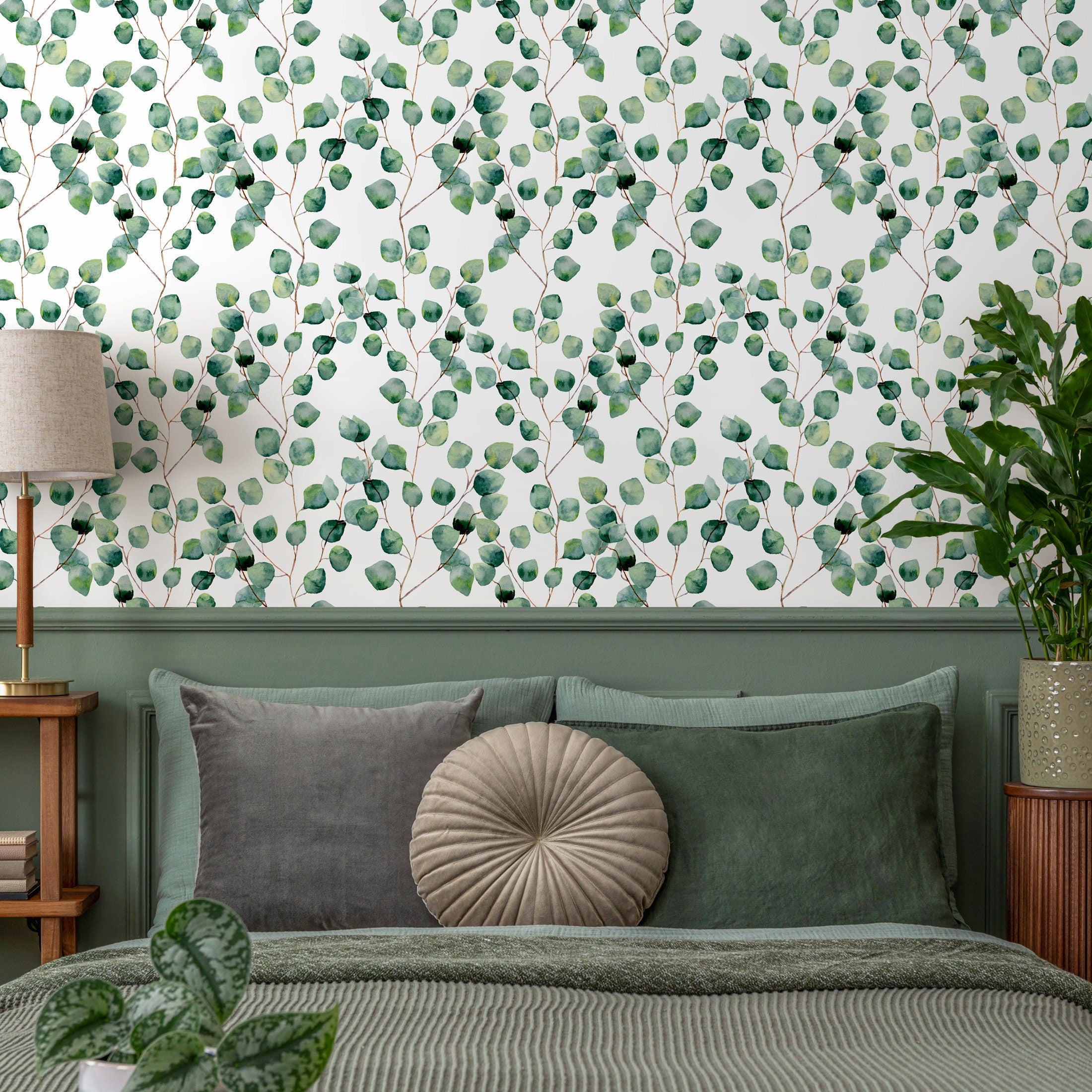 Botanical Wallpaper Featuring Watercolor Eucalyptus In Green And Brown - A126