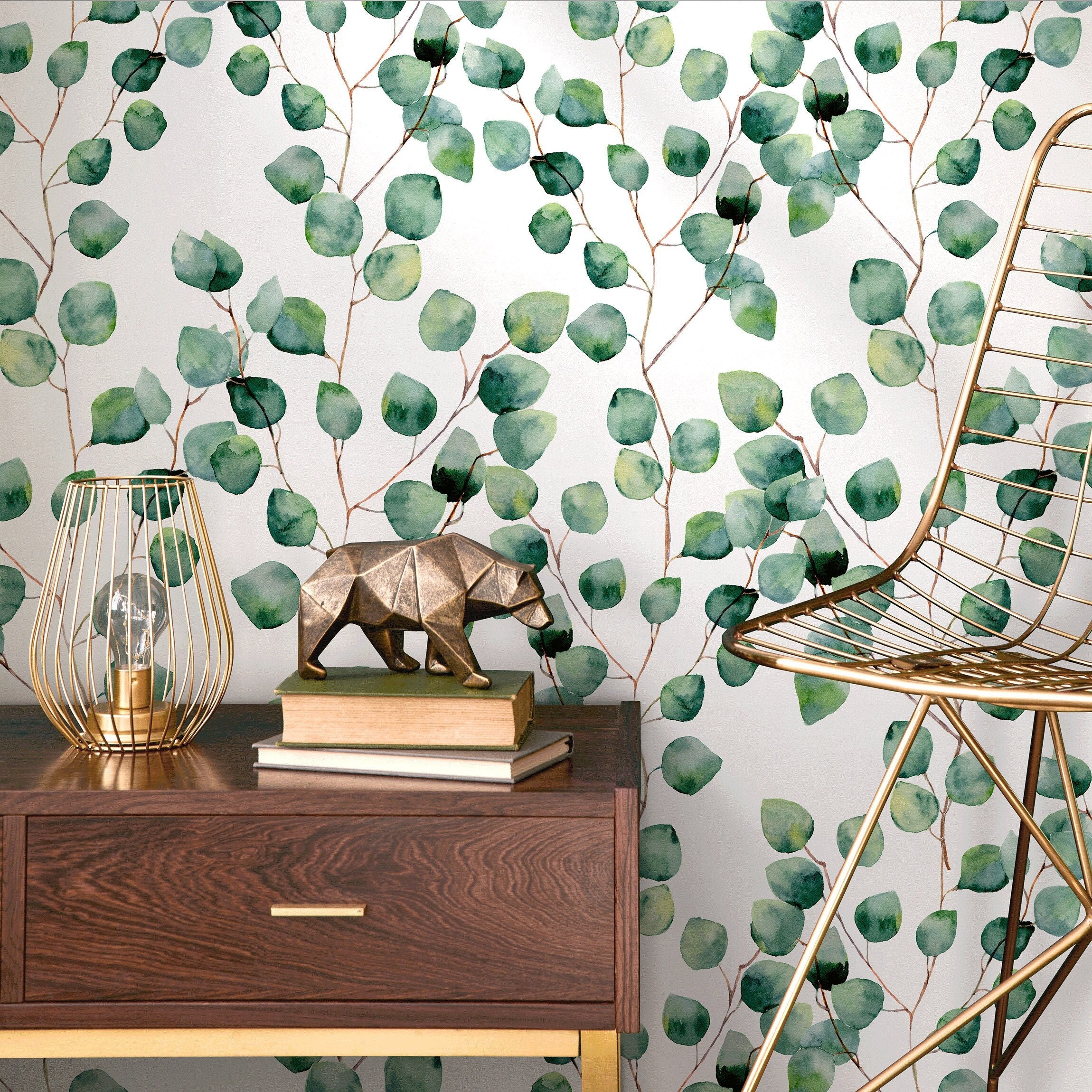 Botanical Wallpaper Featuring Watercolor Eucalyptus In Green And Brown - A126