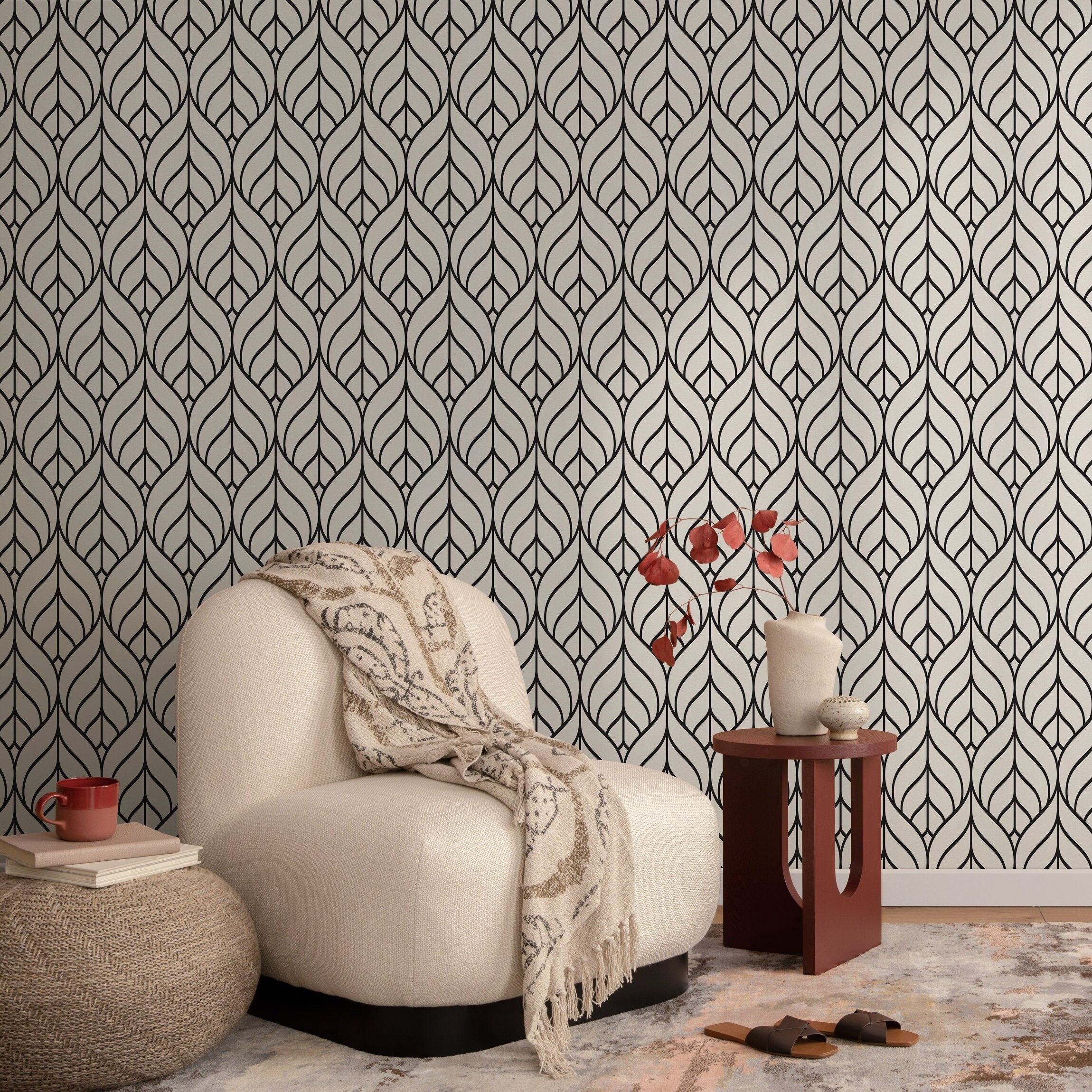 Art Deco Wallpaper With A Stylized Leaf Motif In Black And Gray - A134