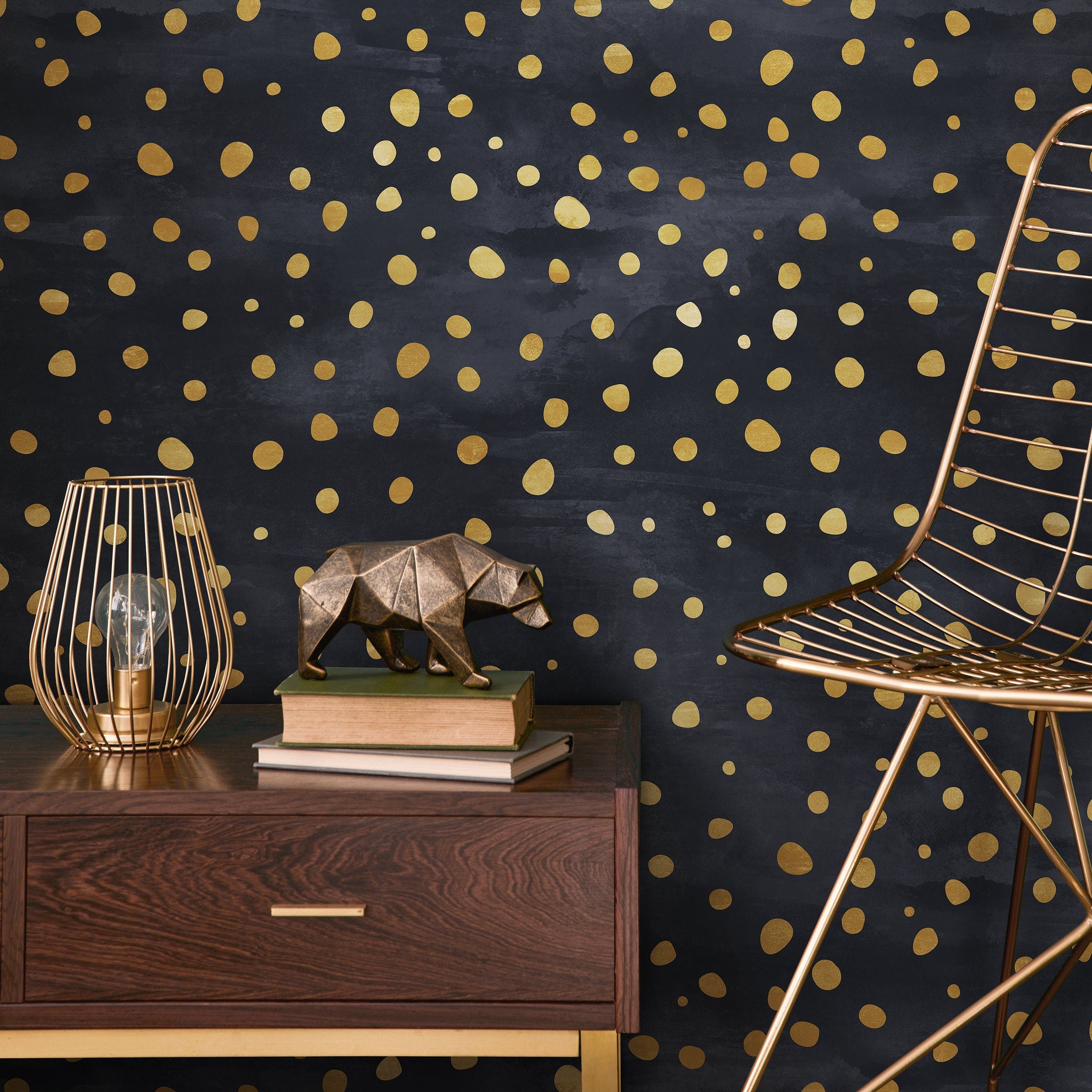 Abstract Wallpaper With A Scattered Dots Motif In Black And Gold - A142