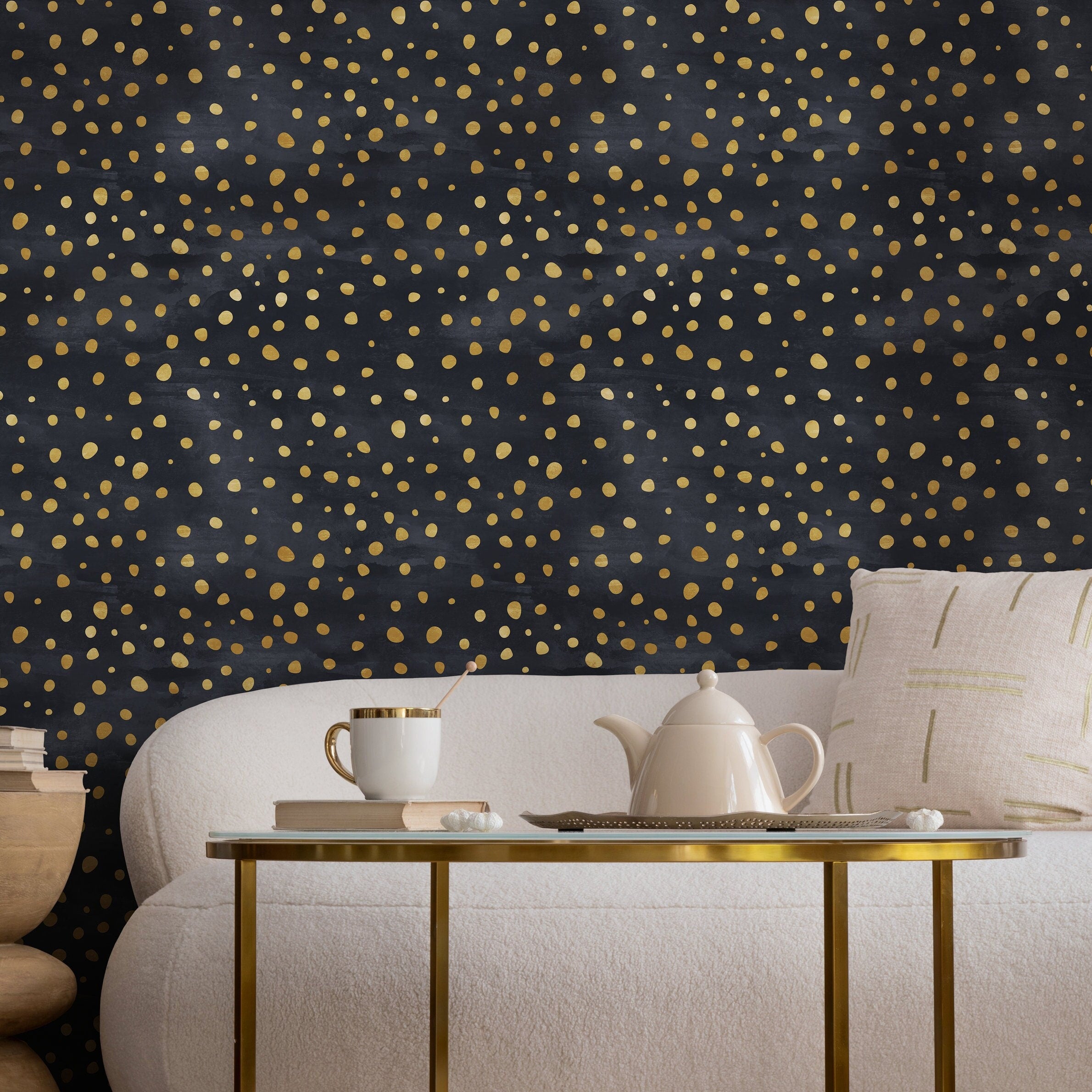 Abstract Wallpaper With A Scattered Dots Motif In Black And Gold - A142