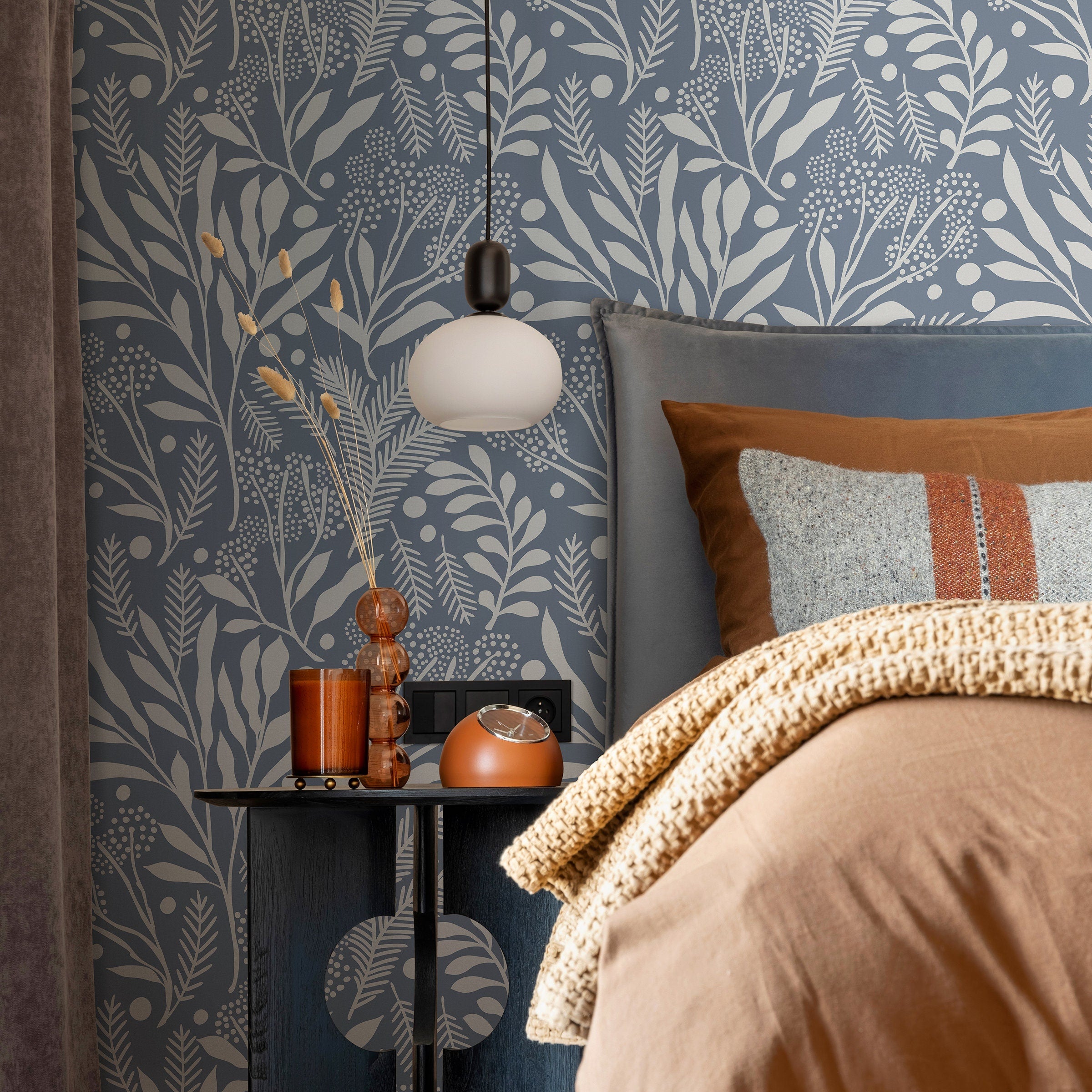 Botanical Wallpaper With A Foliage And Berry Motif In Blue And Off-white - A761