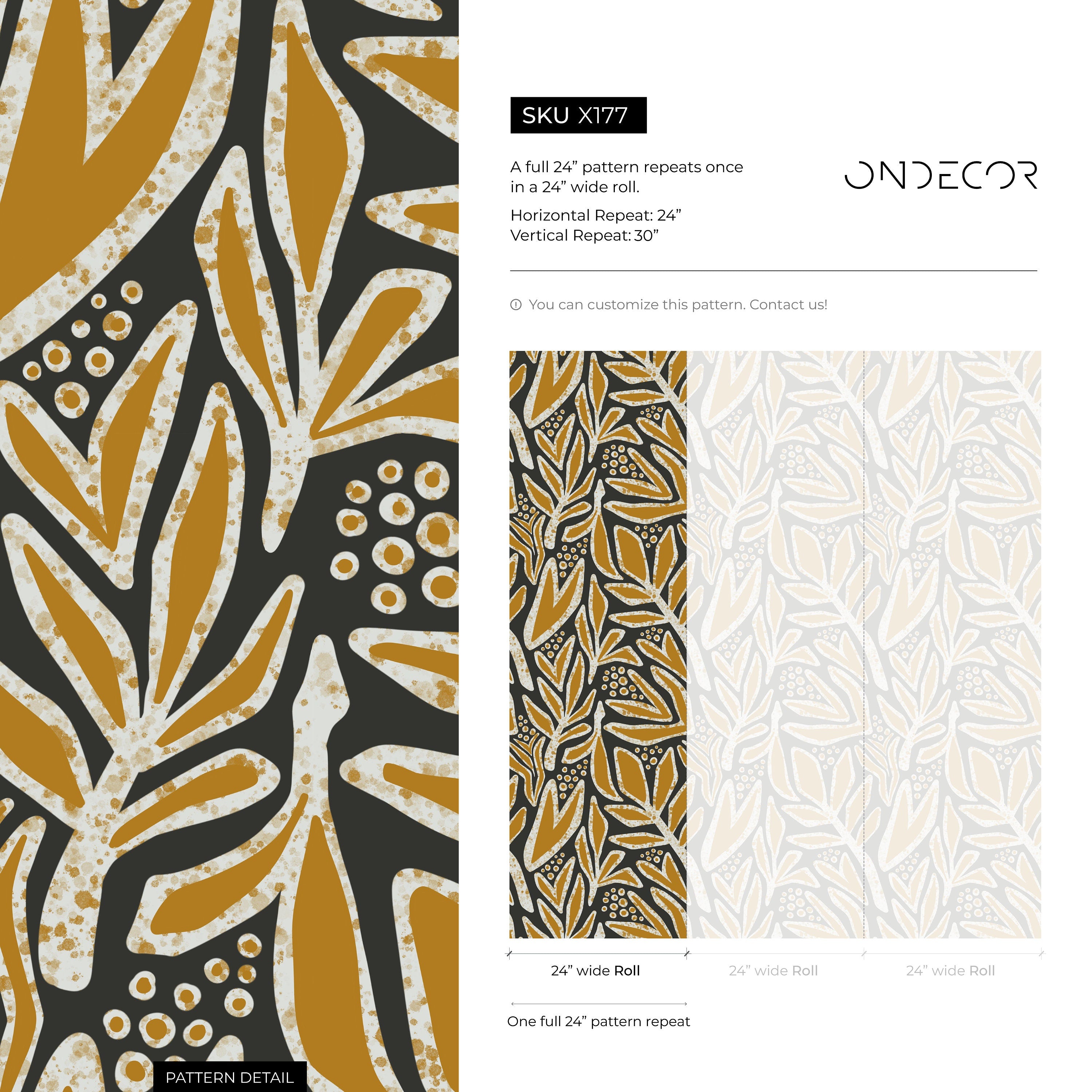 Botanical Wallpaper With Abstract Leaves In Mustard, Taupe, And Black - X177