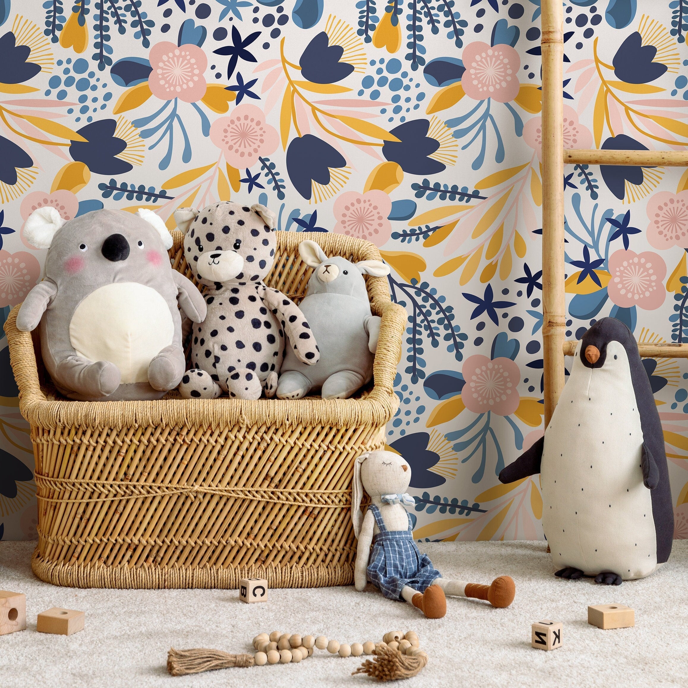 Scandinavian Wallpaper With Stylized Flowers In Navy Blue, Yellow, And Pink - A714