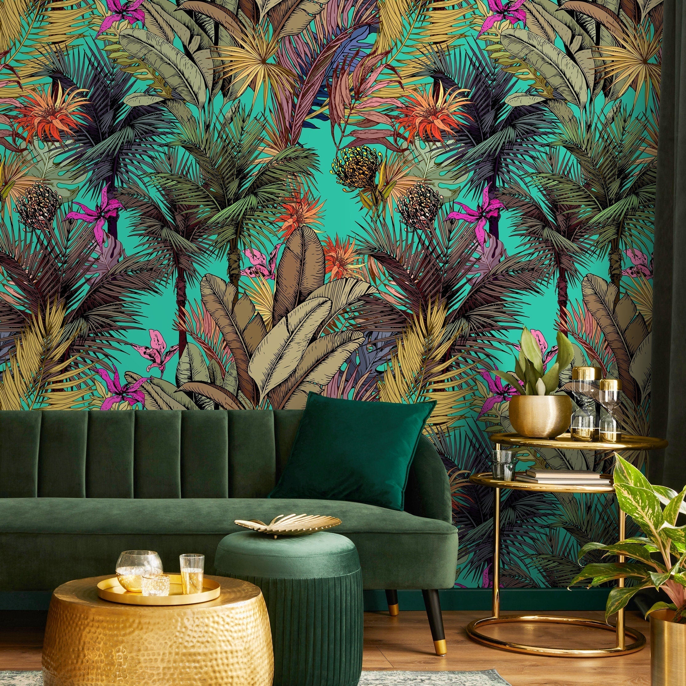 Tropical Wallpaper Featuring Exotic Jungle Leaves In Teal, Pink, And Gold - A764