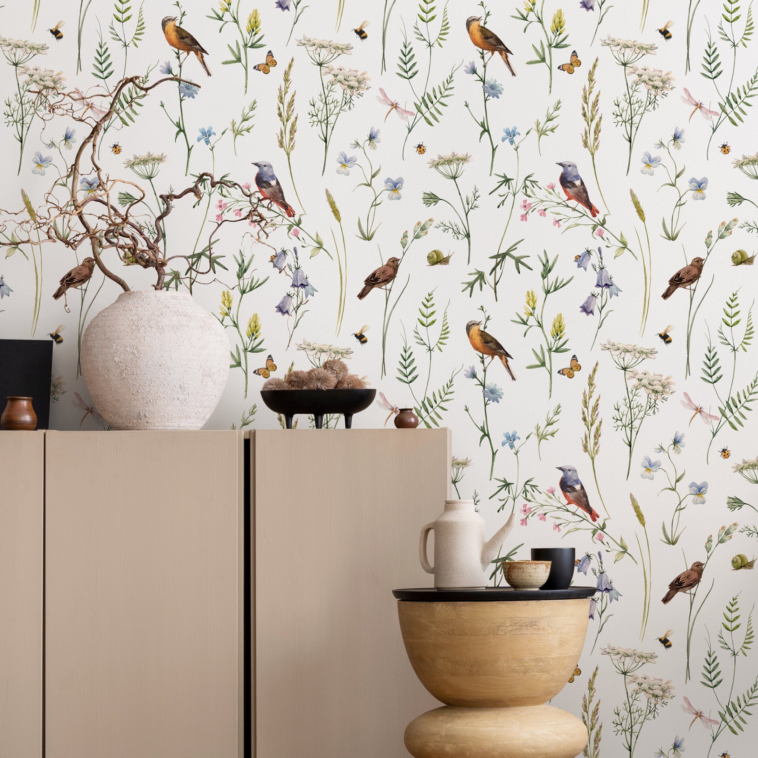 Botanical Wallpaper With Wildflowers And Birds In Green, Blue, And Orange - D993