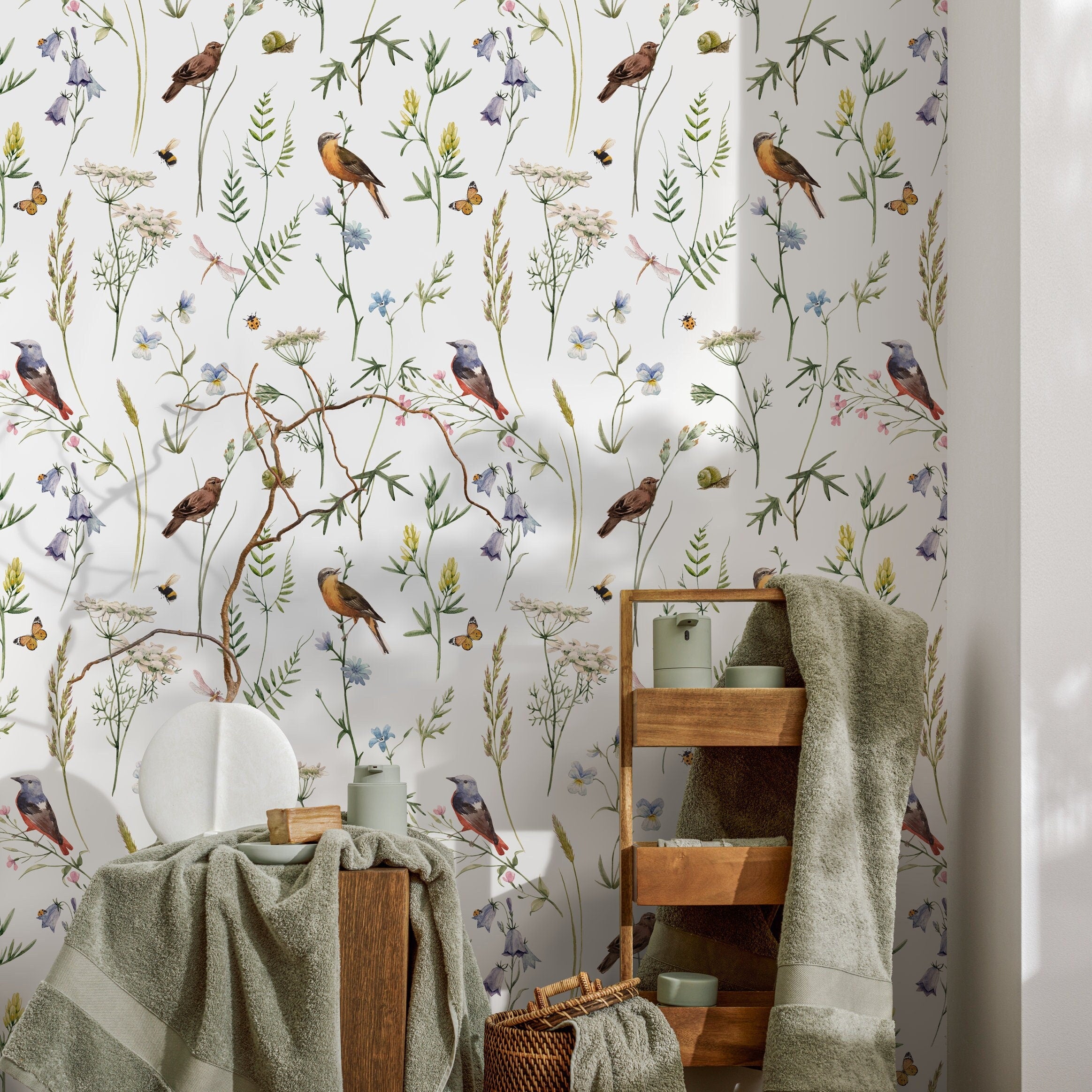 Botanical Wallpaper Featuring Meadow Birds And Wildflowers In Green And Blue - D993