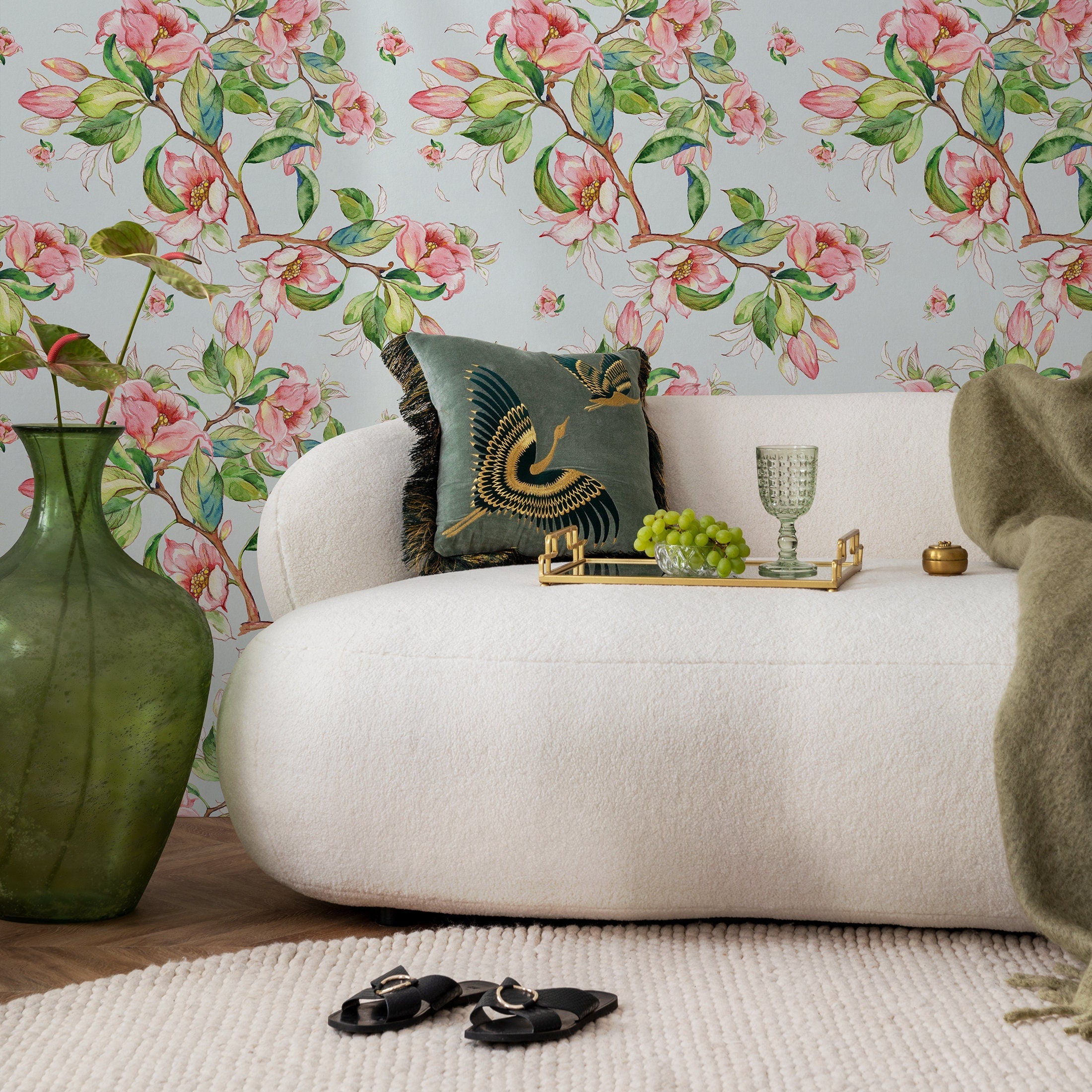 Floral Wallpaper With Watercolor Flowering Branches In Pink, Green, And Blue - A978