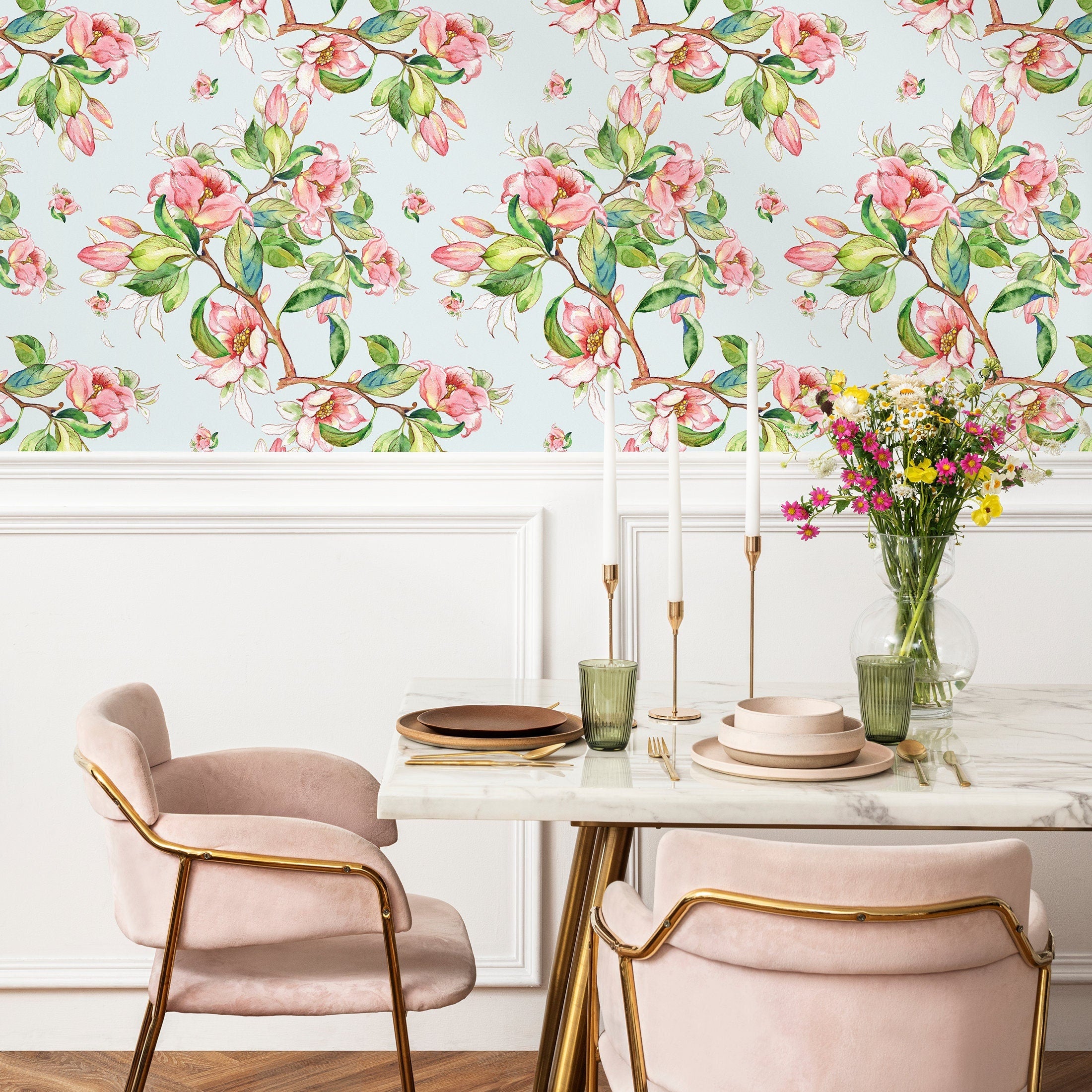 Floral Wallpaper With Watercolor Flowering Branches In Pink, Green, And Blue - A978