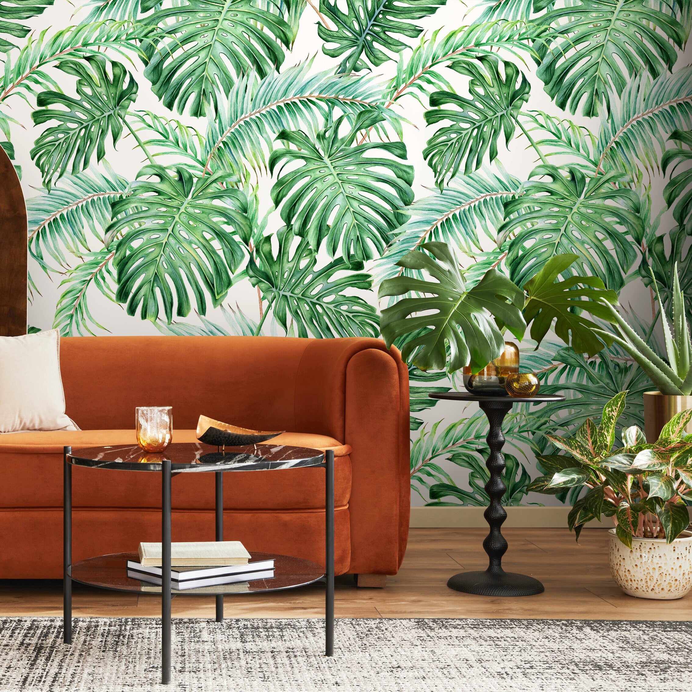 Tropical Wallpaper With Watercolor Monstera And Palm Leaves In Green - A013