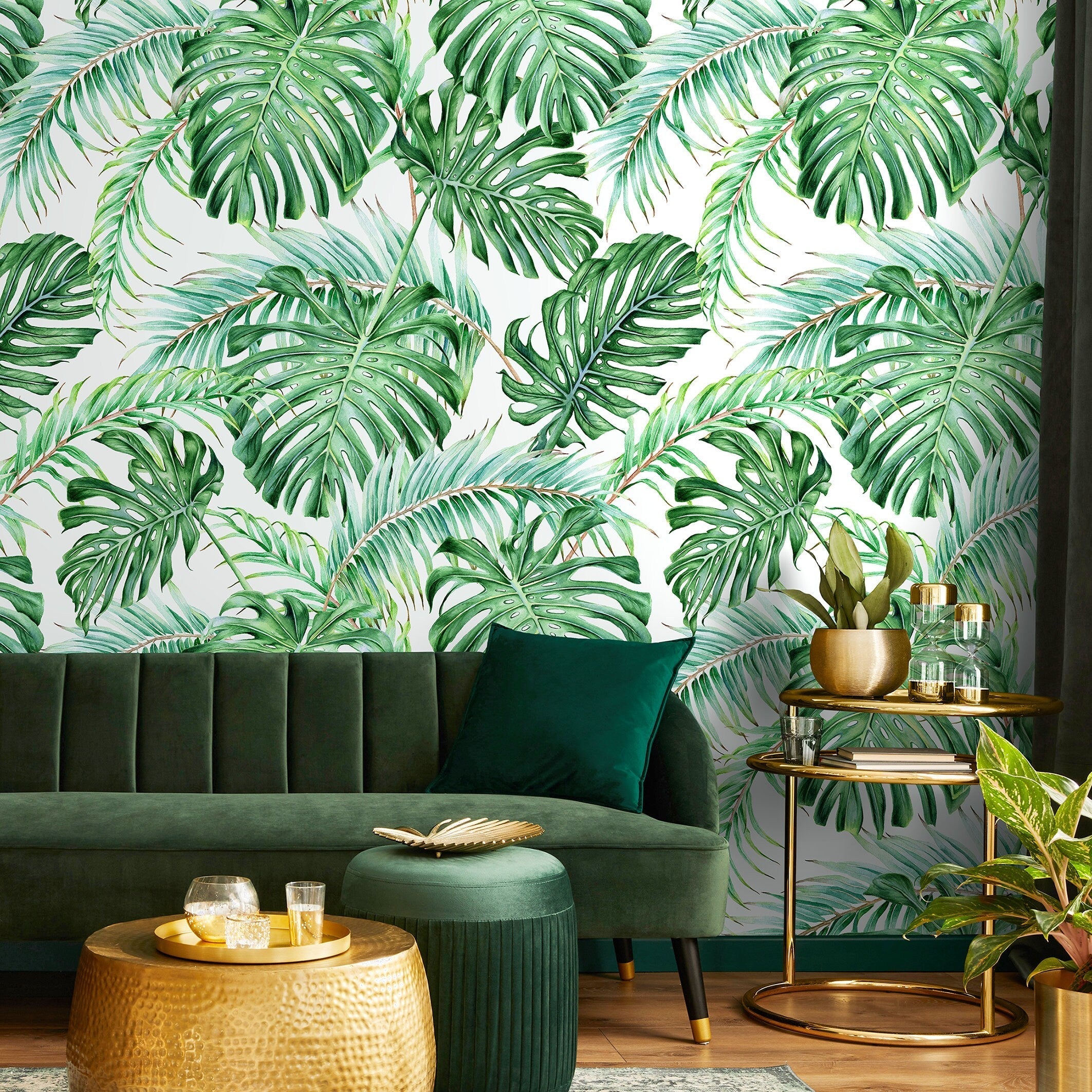 Tropical Wallpaper With Watercolor Monstera And Palm Leaves In Green - A013