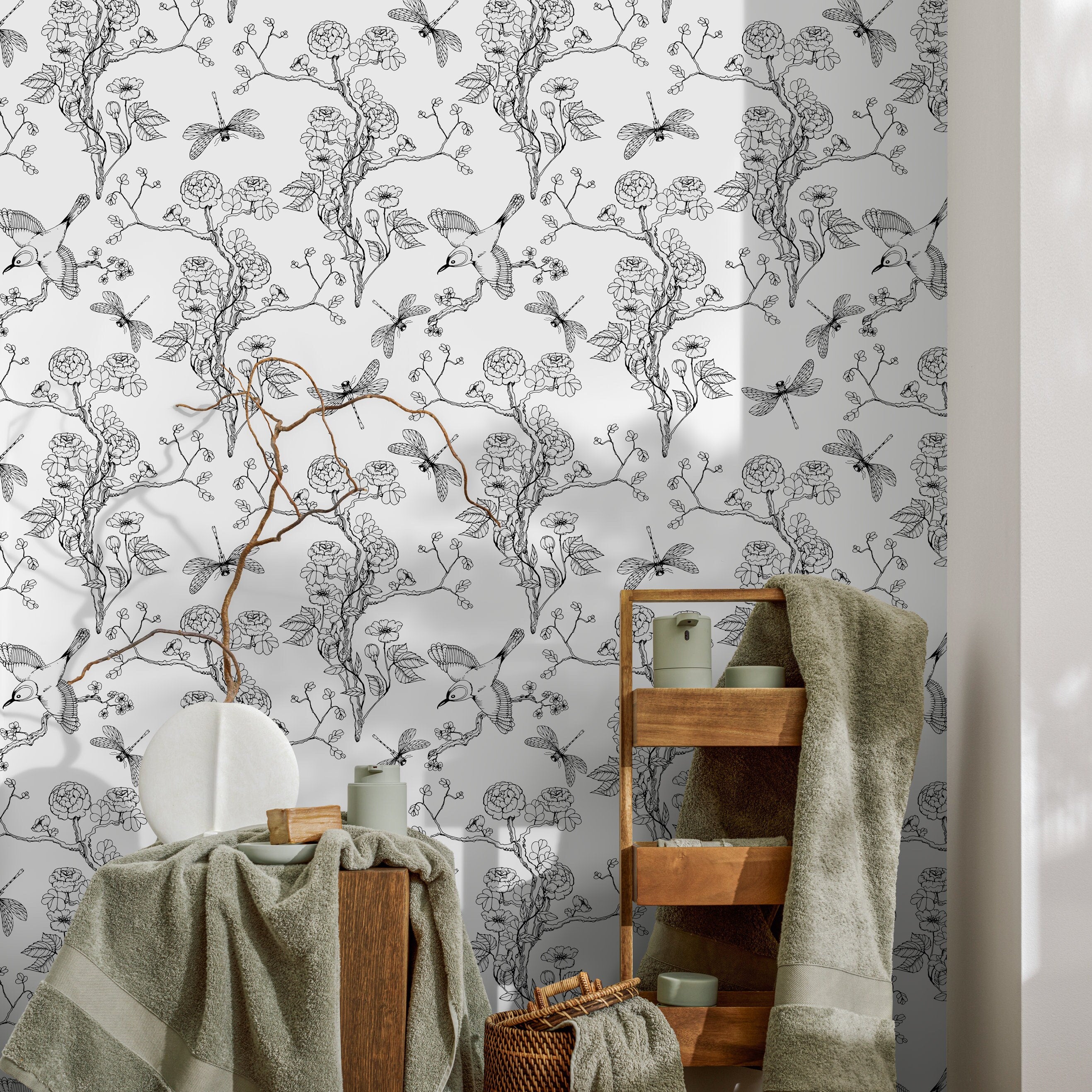 Chinoiserie Wallpaper With Birds And Floral Branches In Black And White - A252