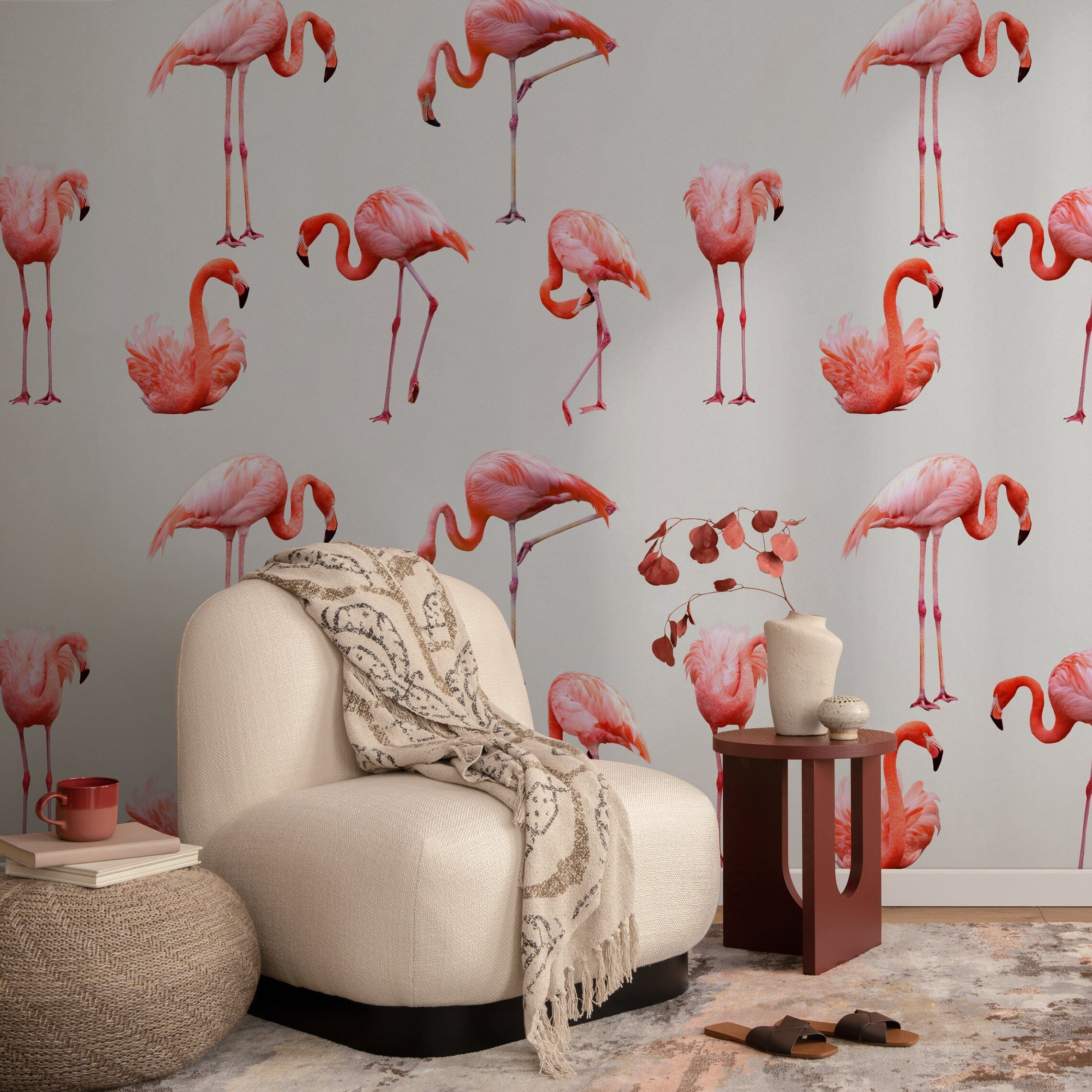 Bird Wallpaper With A Tropical Flamingo Motif In Pink And Coral - D987
