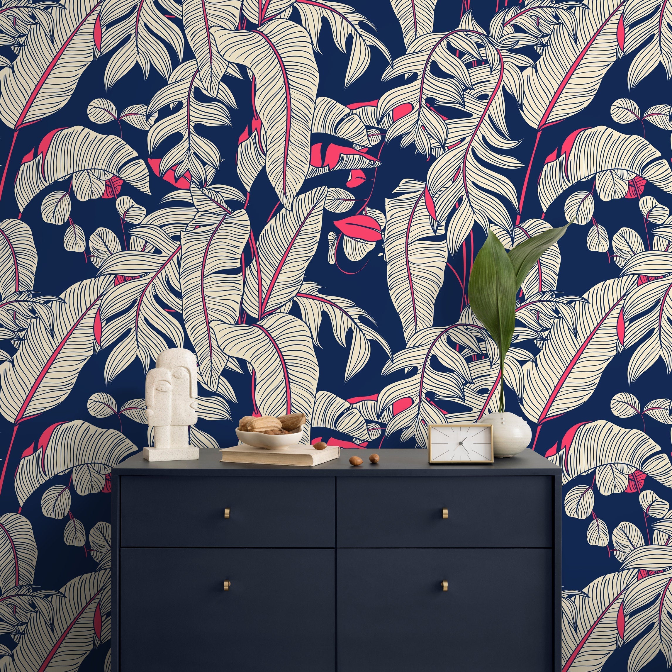 Tropical Wallpaper With Stylized Banana Leaves In Navy Blue, Beige, And Red - A023