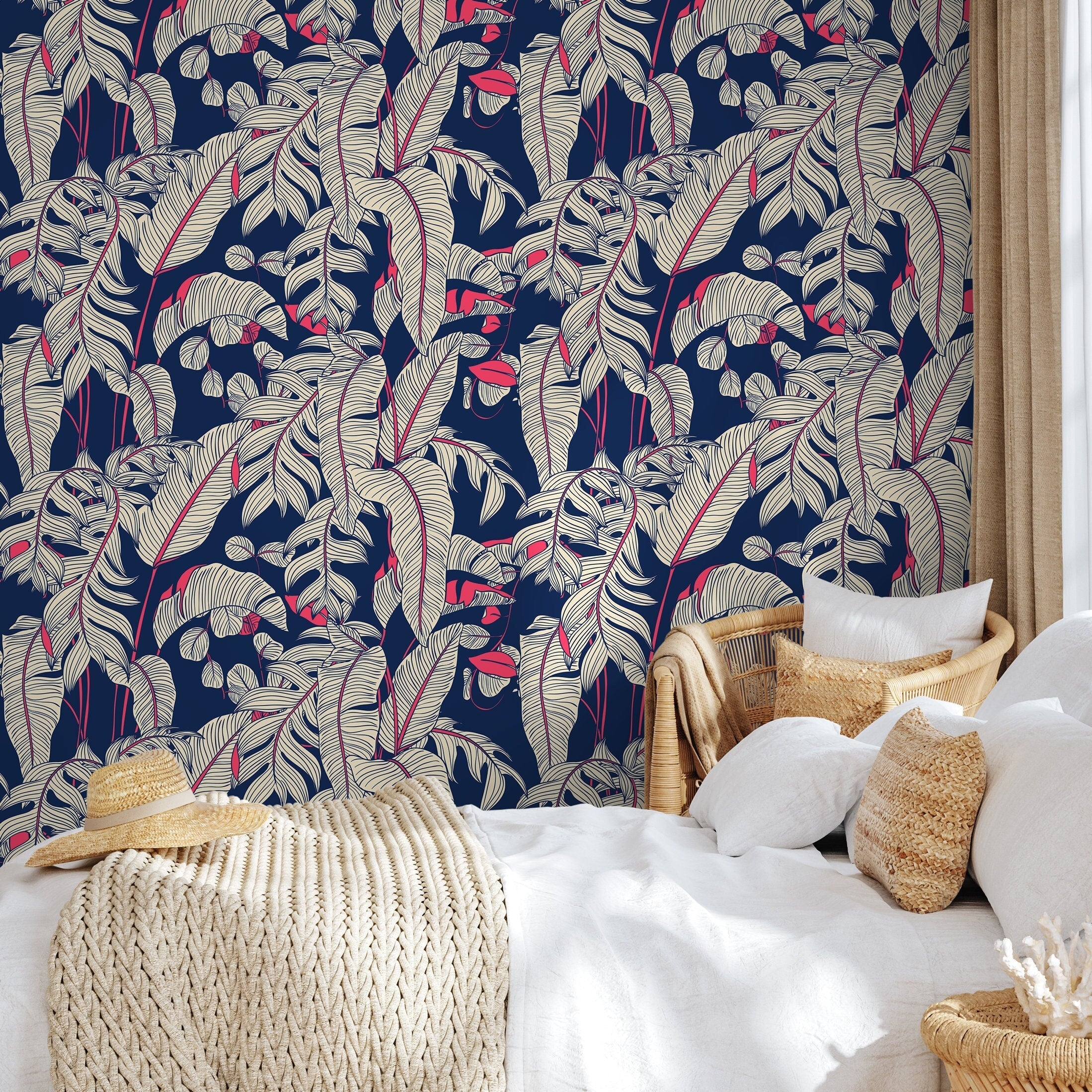 Tropical Wallpaper With Stylized Banana Leaves In Navy Blue, Beige, And Red - A023