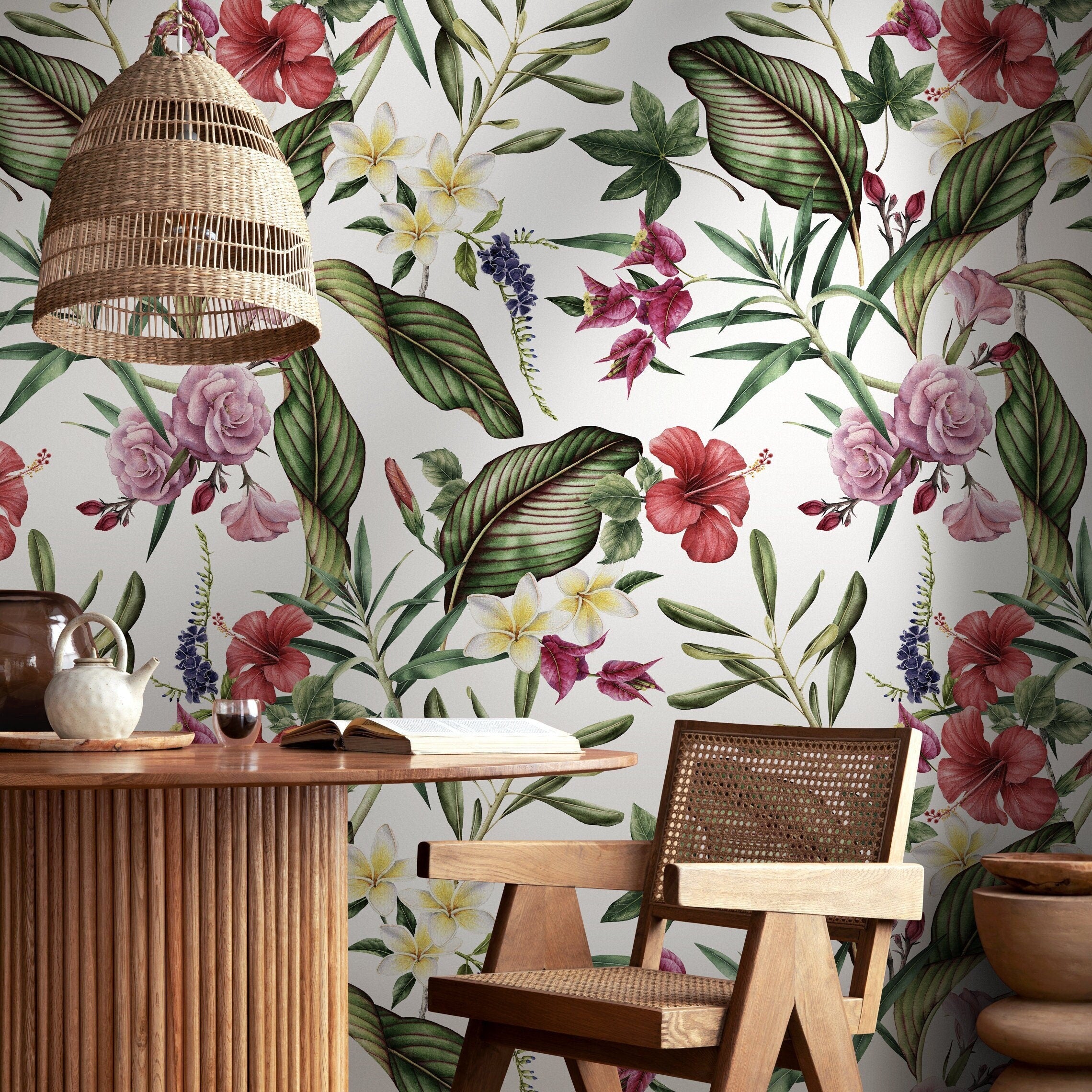 Botanical Wallpaper With Tropical Hibiscus And Plumeria In Red, Pink, And Green - A203