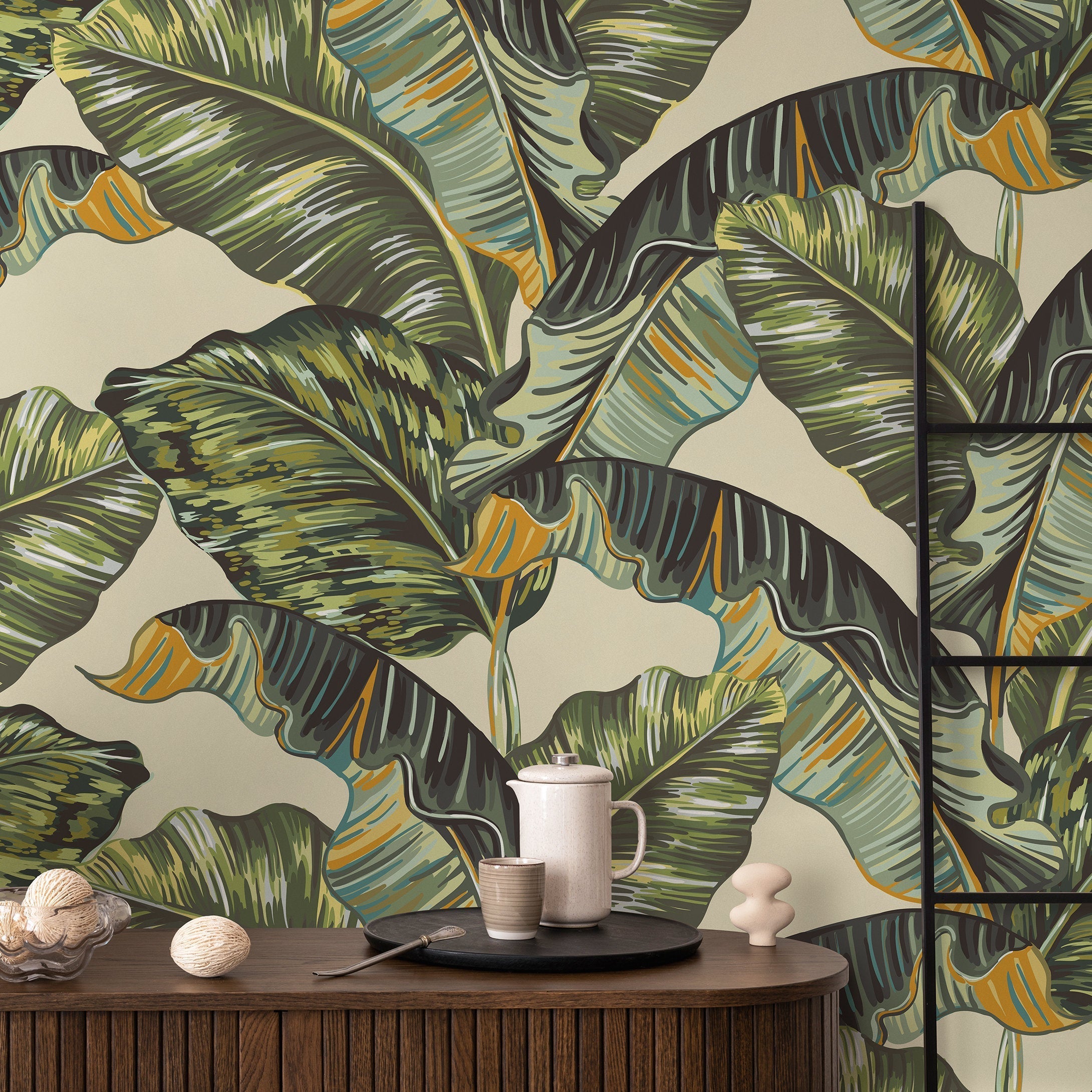 Tropical Wallpaper With Stylized Banana Leaves In Green, Yellow, And Blue - A218