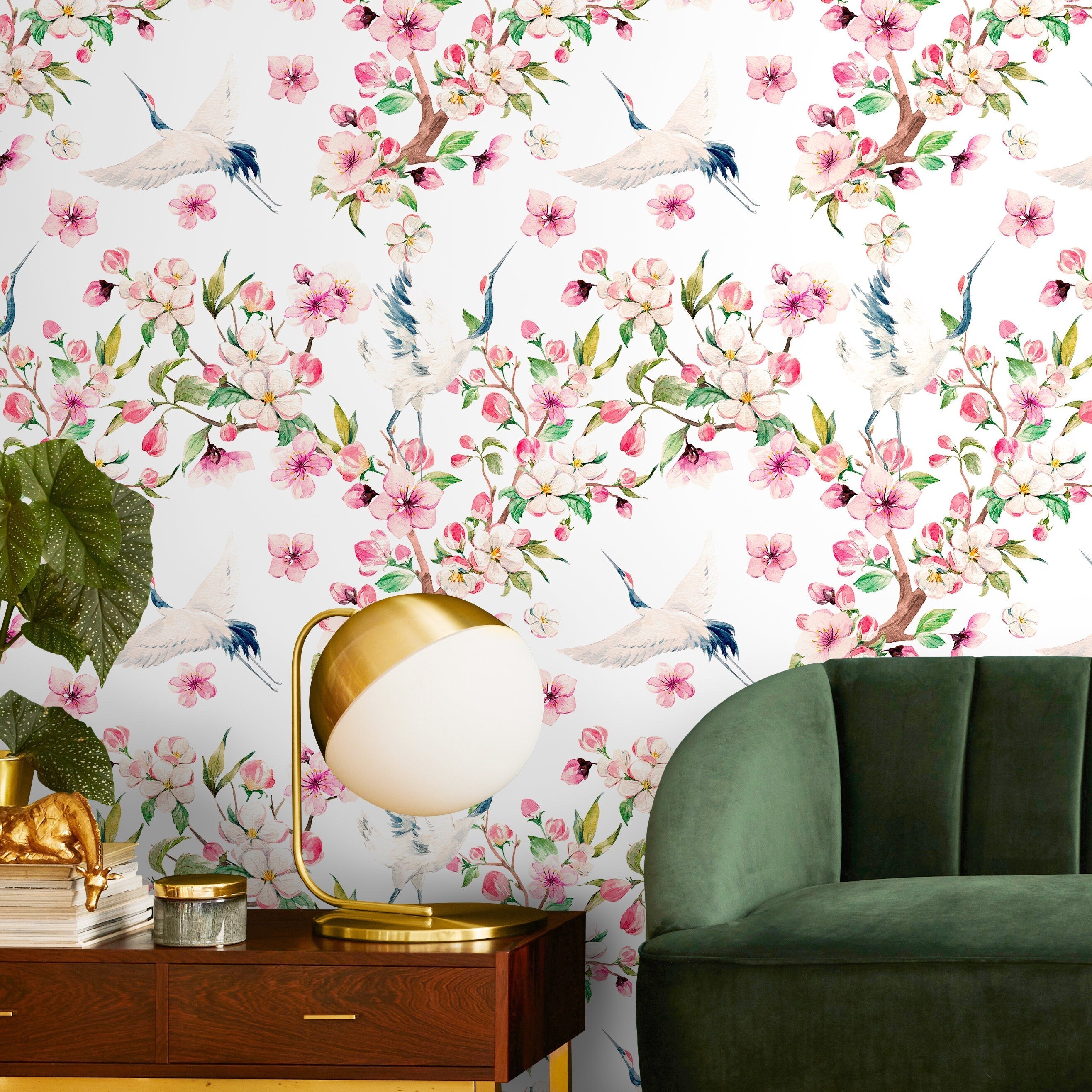 Chinoiserie Wallpaper With Cranes And Pink Blossoms - A219