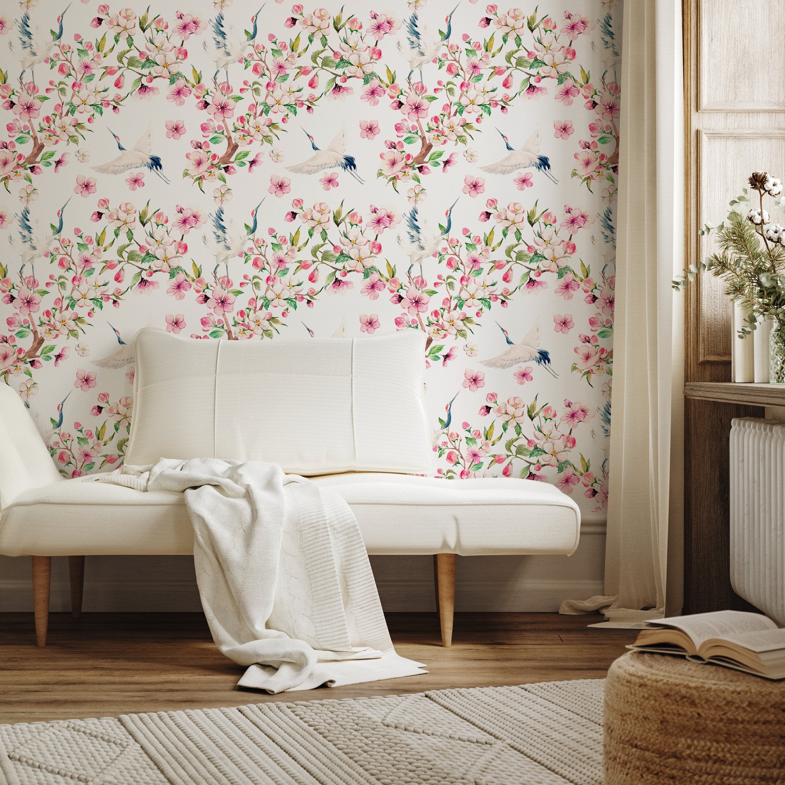 Chinoiserie Wallpaper With Cranes And Pink Blossoms - A219