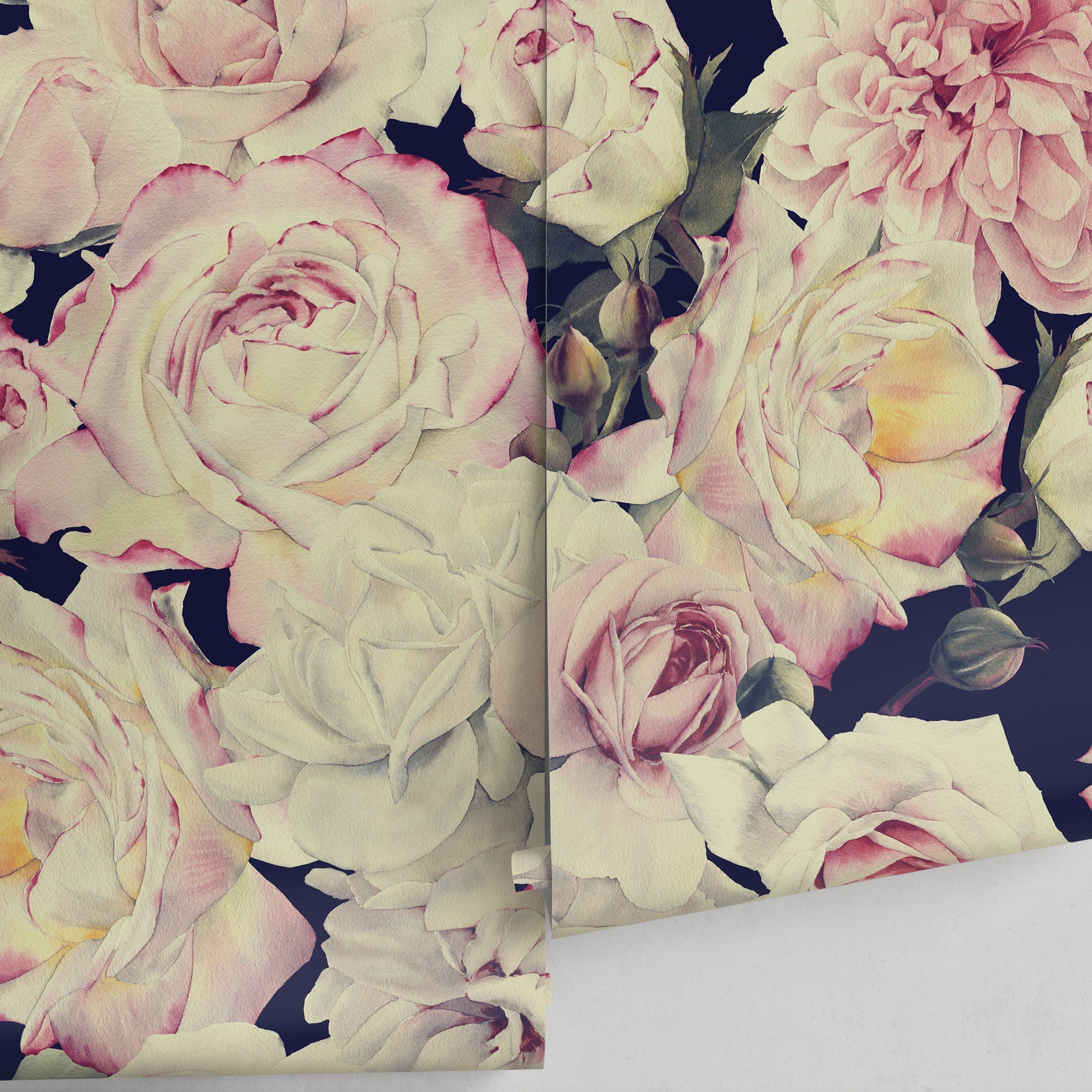 Floral Wallpaper With A Vintage Rose Motif In Pink And Blue - A221