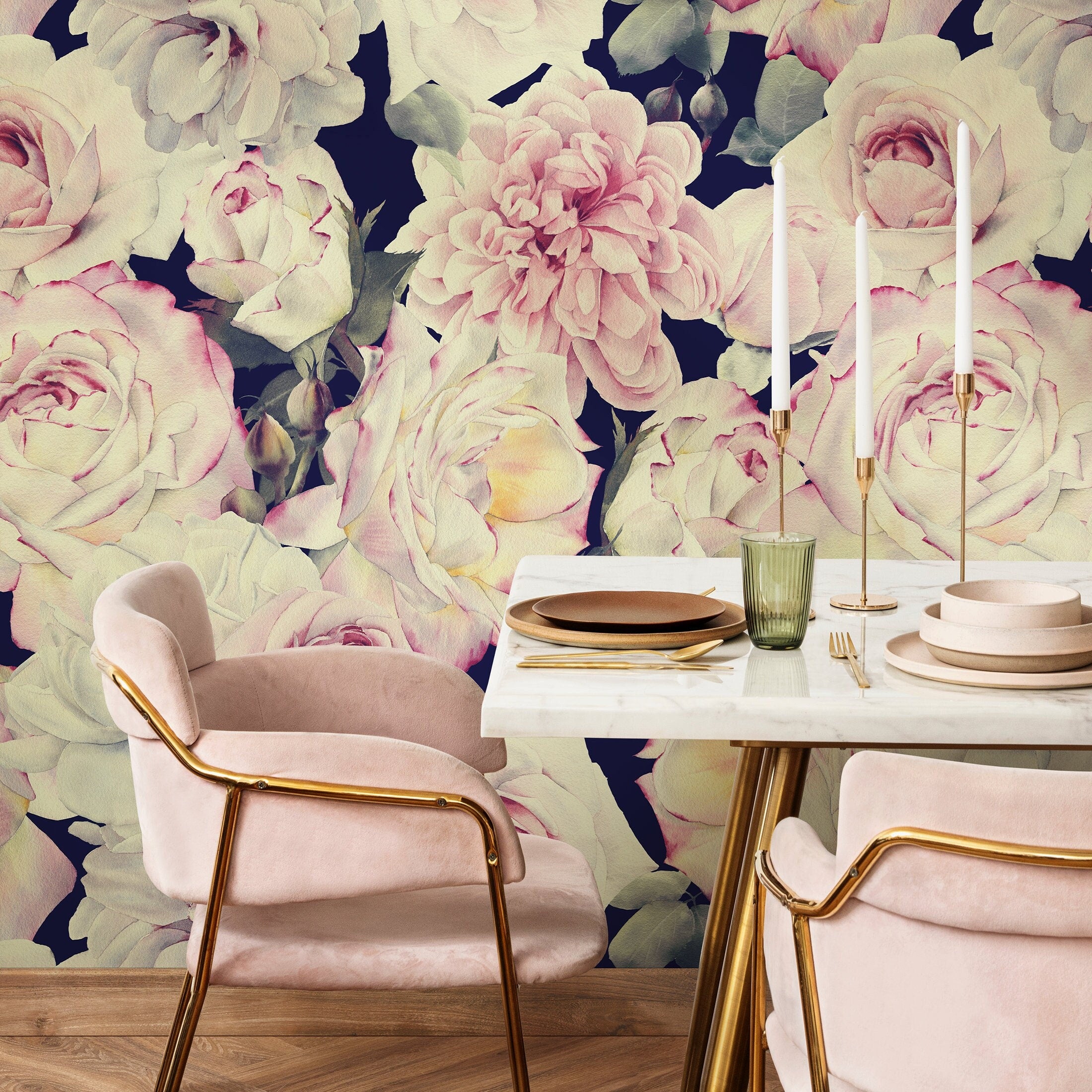 Floral Wallpaper With A Vintage Rose Motif In Pink And Blue - A221