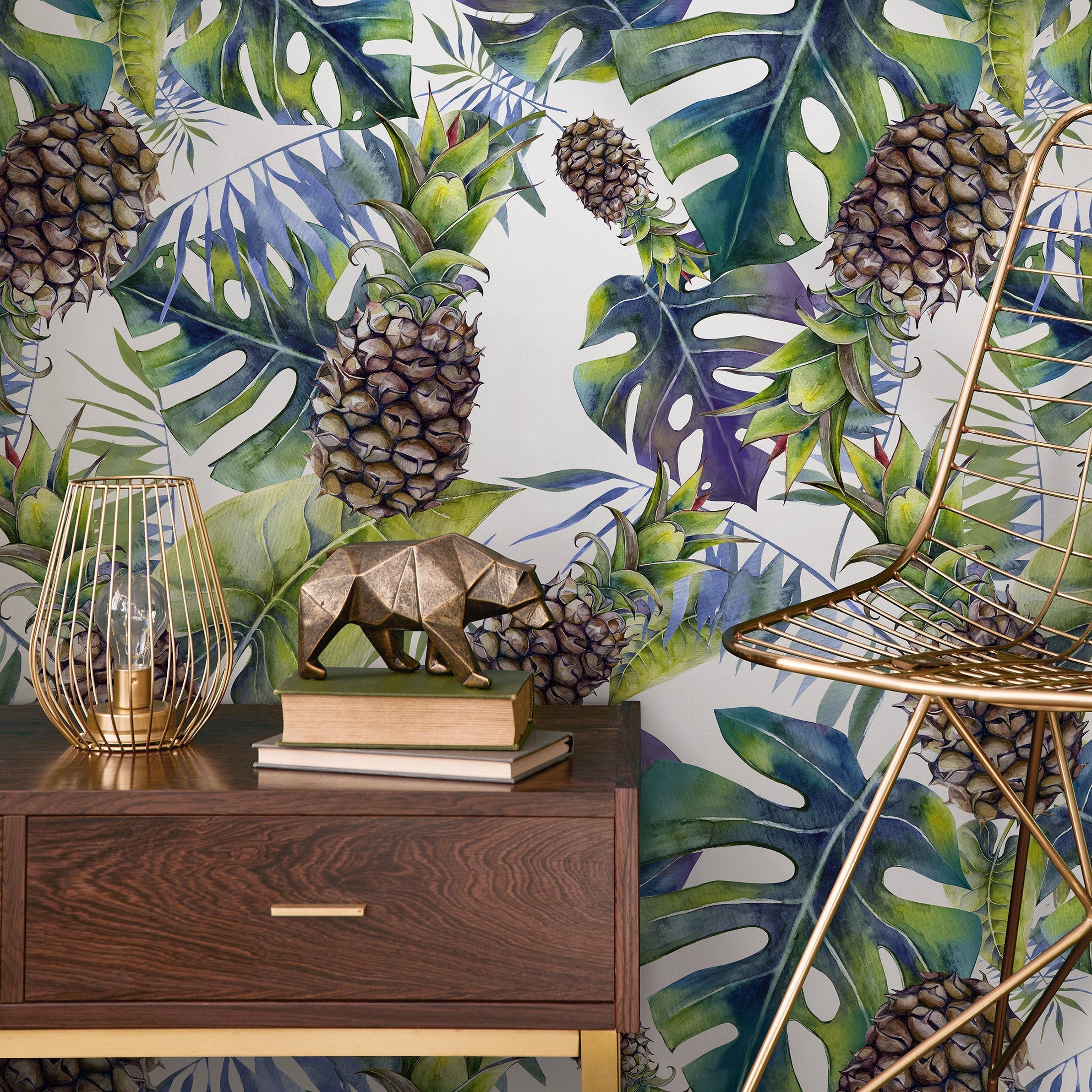 Tropical Wallpaper With Monstera And Pineapples In Green And Purple - A232