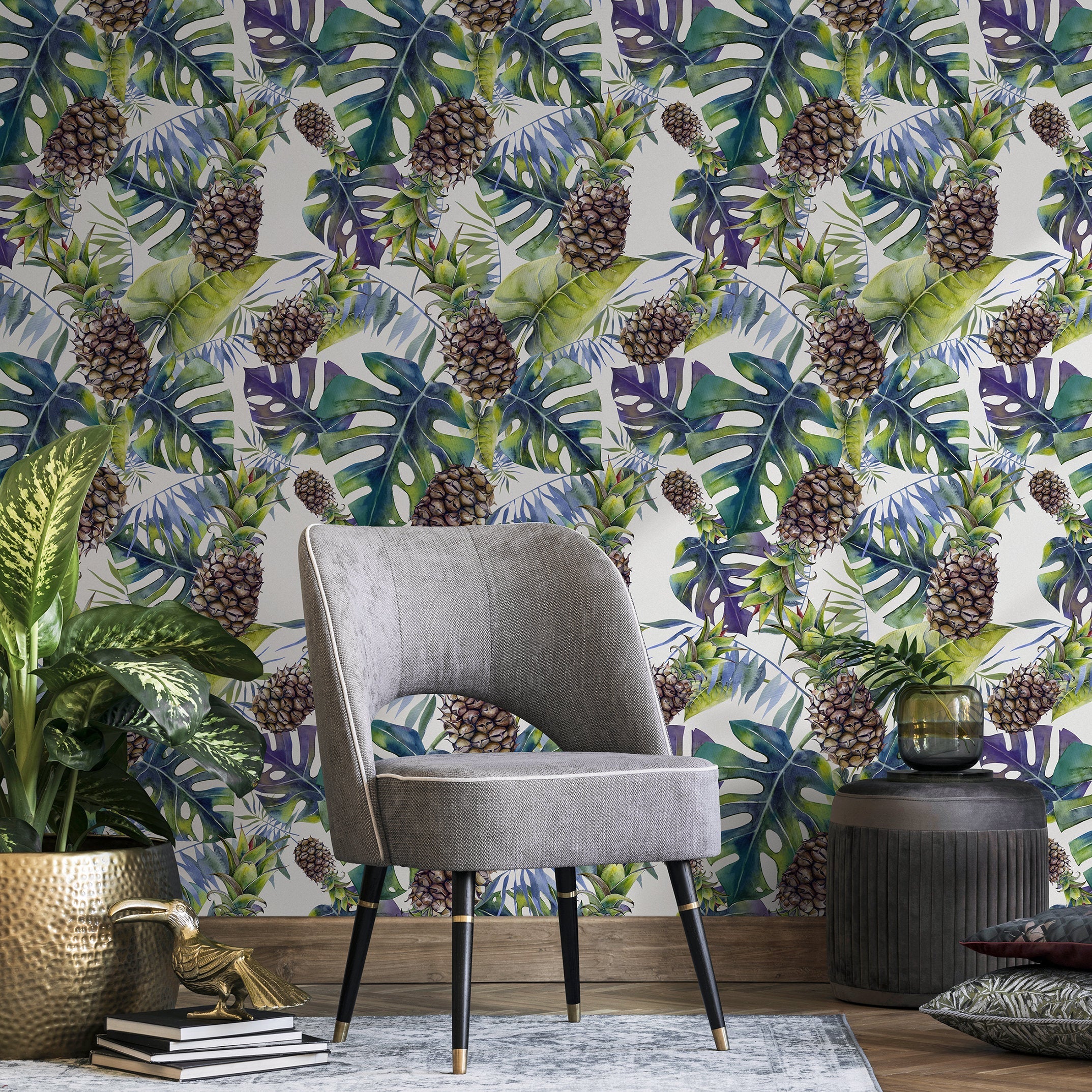 Tropical Wallpaper With Monstera And Pineapples In Green And Purple - A232