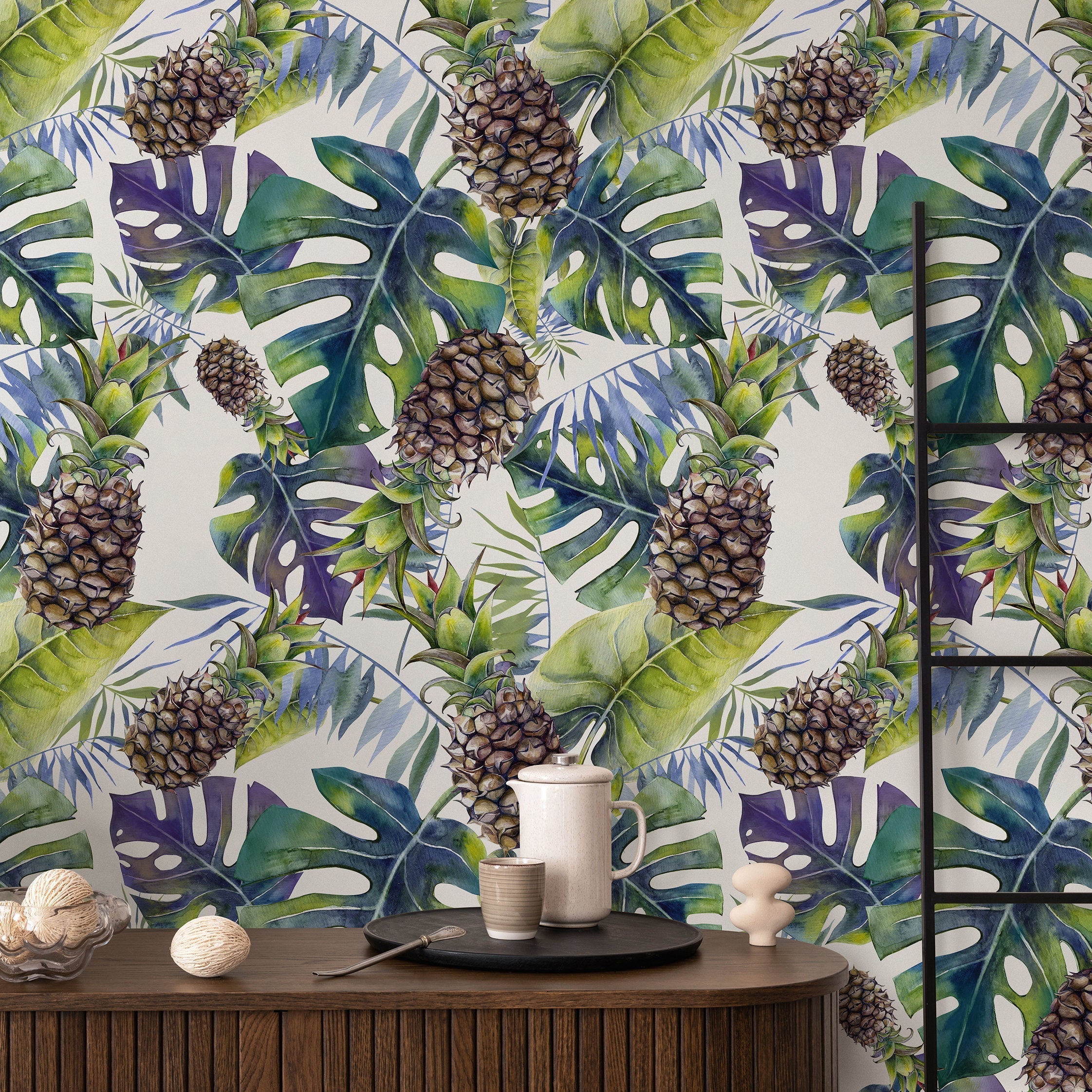 Tropical Wallpaper With Monstera And Pineapples In Green And Purple - A232