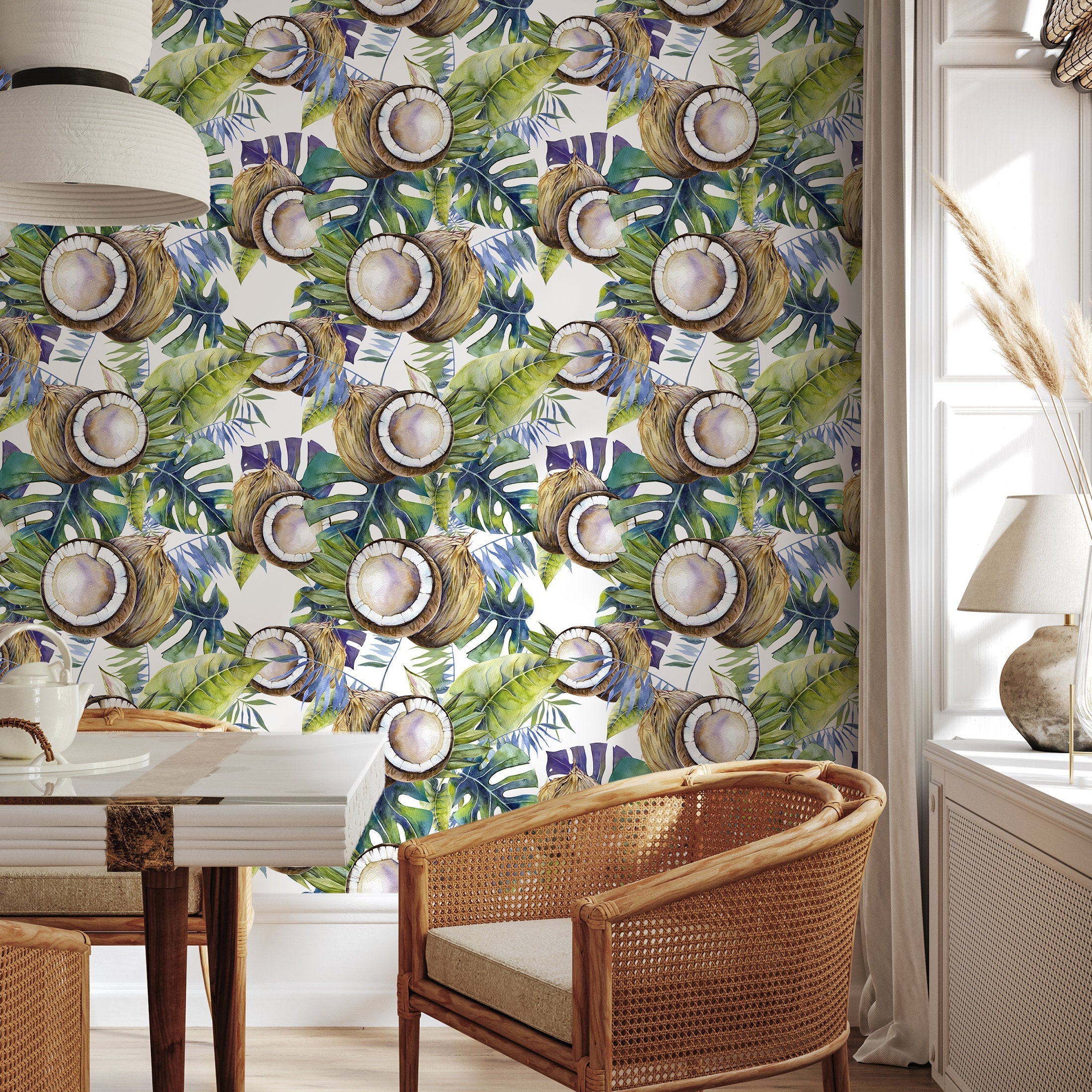 Tropical Wallpaper With A Coconut And Palm Leaf Motif In Green, Blue, And Brown - A233
