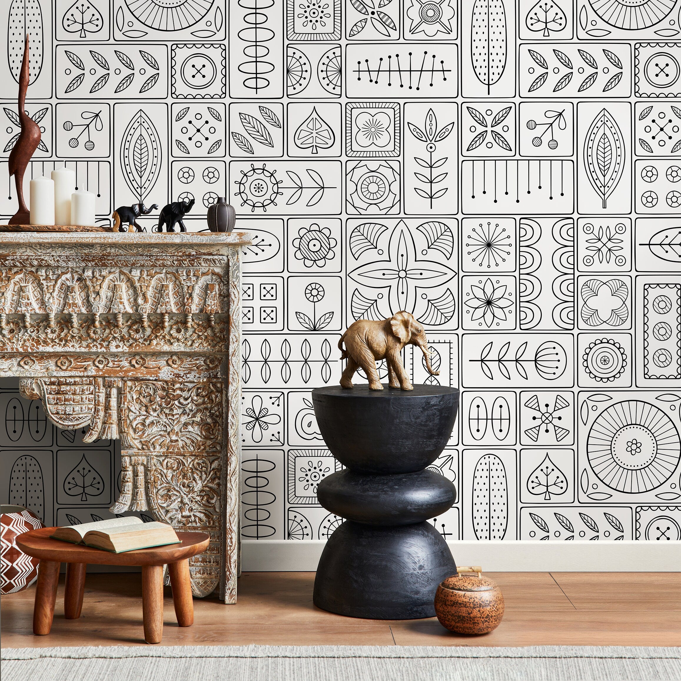 Geometric Wallpaper With Folk Art Tile Motifs In Black And White - A236