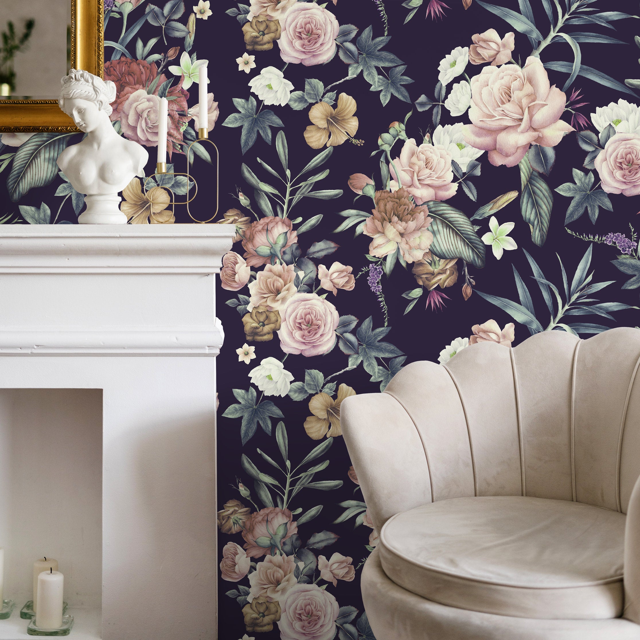 Floral Wallpaper With Vintage Roses In Pink, Green, And Dark Purple - A237