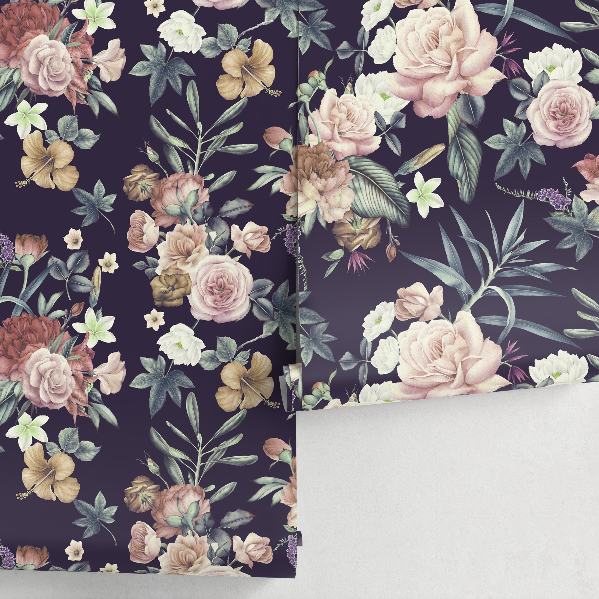 Floral Wallpaper With Vintage Roses In Pink, Green, And Dark Purple - A237