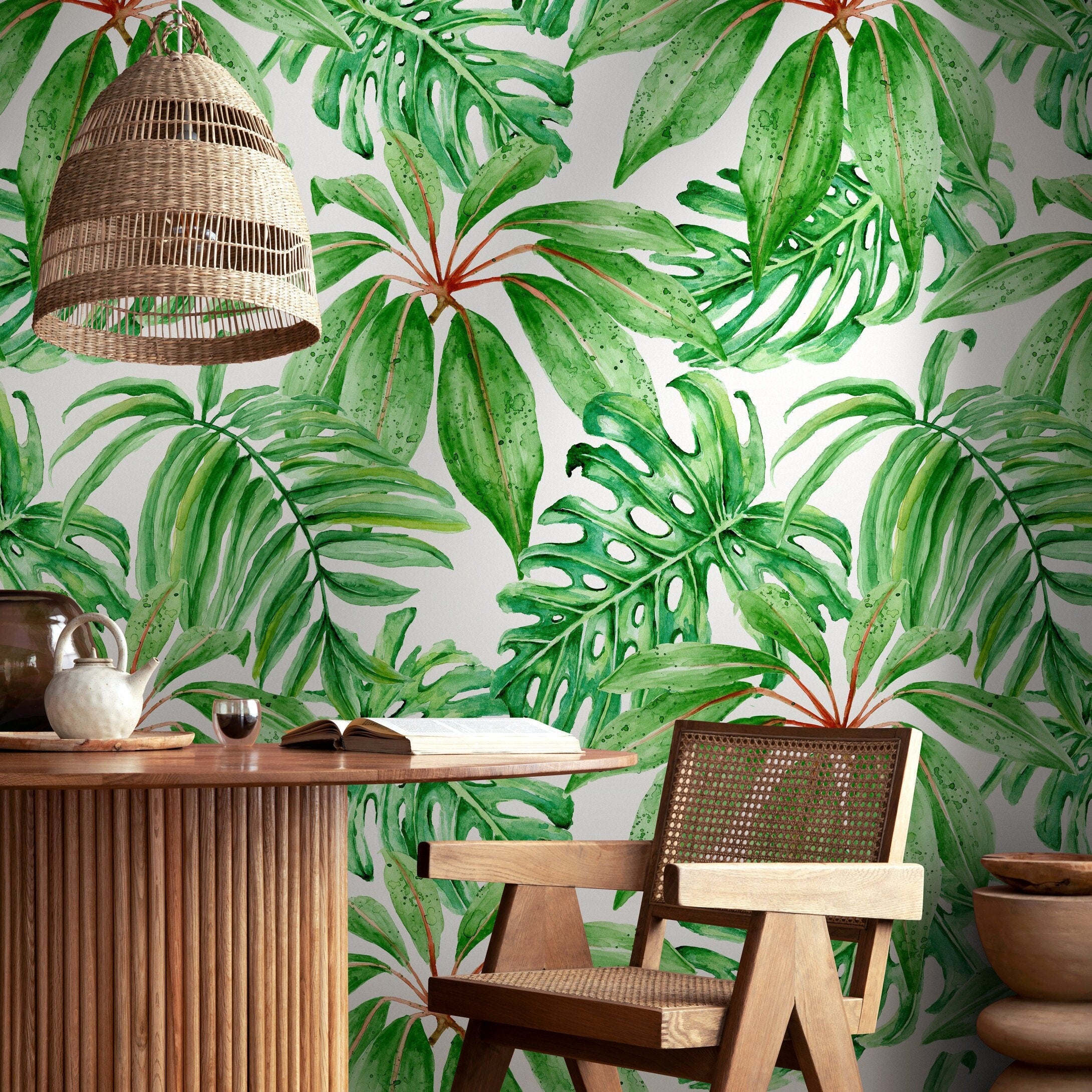 Botanical Wallpaper With Watercolor Monstera Leaves In Green And Red - A244