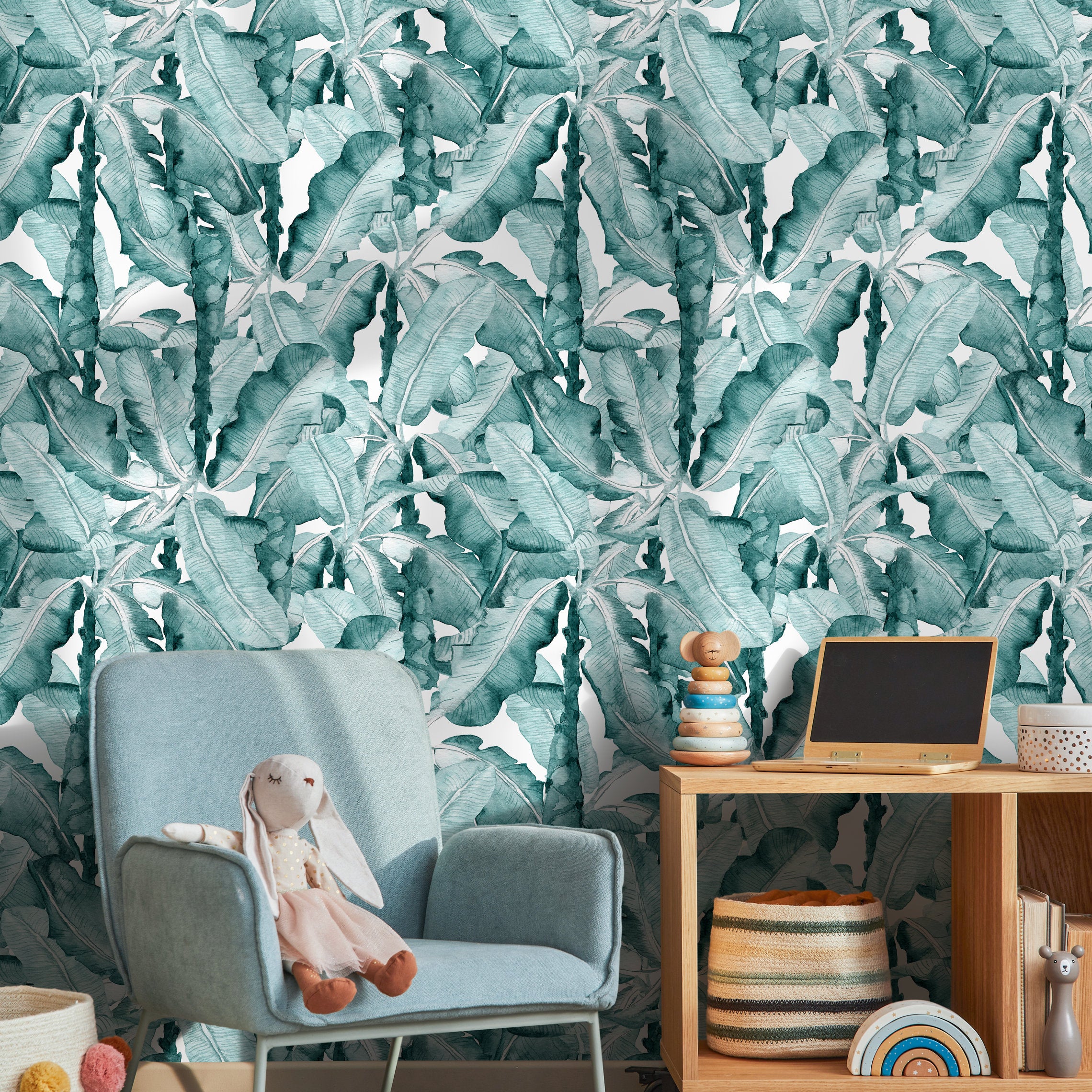 Tropical Wallpaper With A Watercolor Banana Leaf Motif In Green - A245