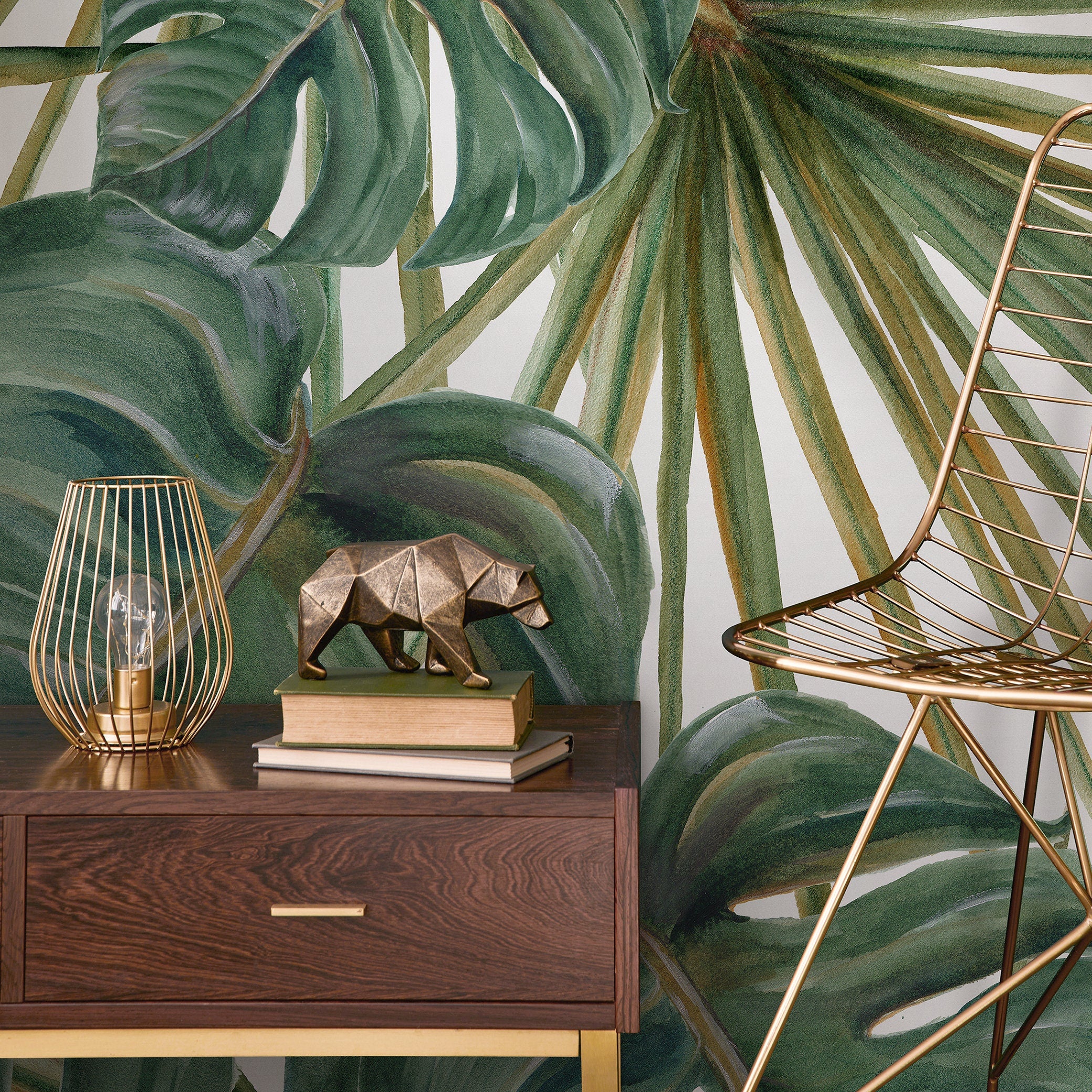 Botanical Wallpaper With Watercolor Monstera And Palm Leaves In Green - A259