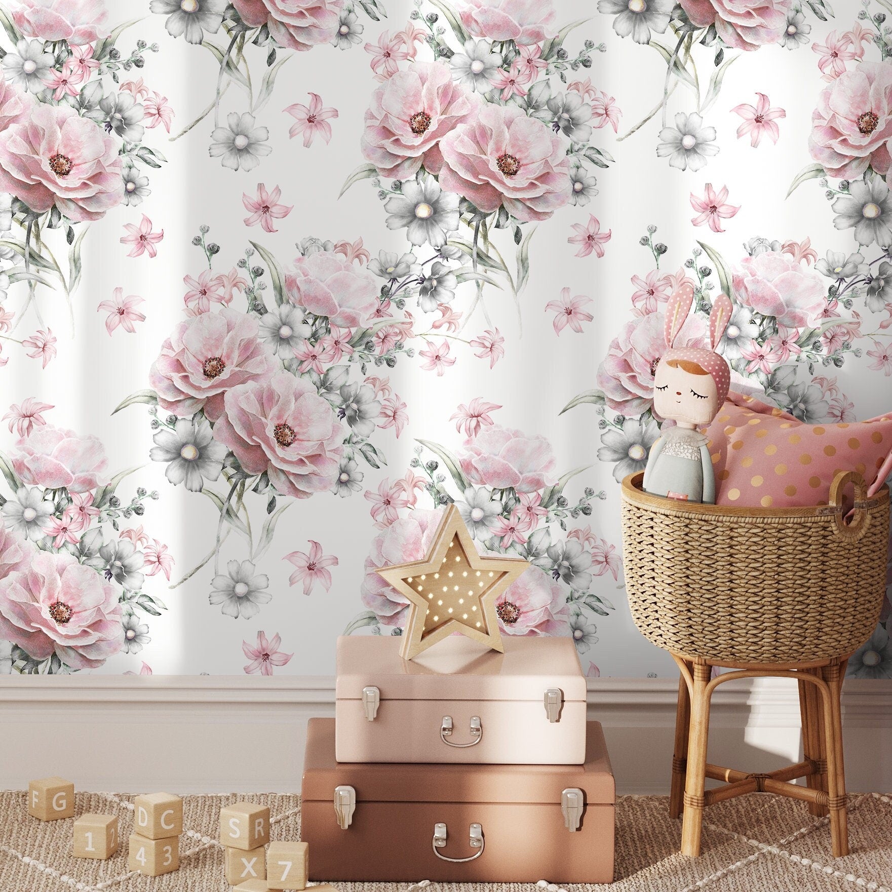 Floral Wallpaper With Painterly Peonies And Daisies In Pink And Grey - A265