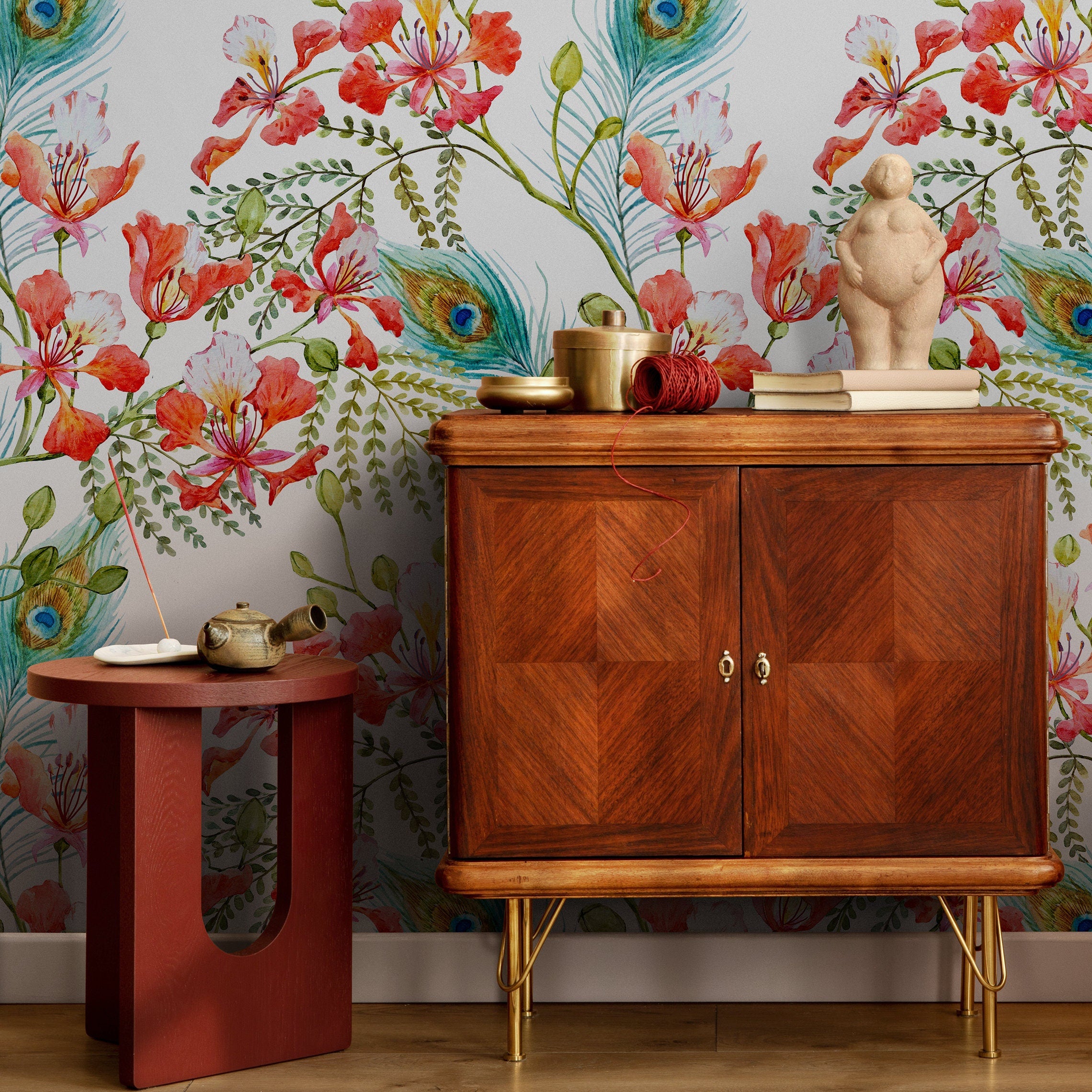 Floral Wallpaper With Peacock Feathers And Blooms In Red, Teal, And Green - A269