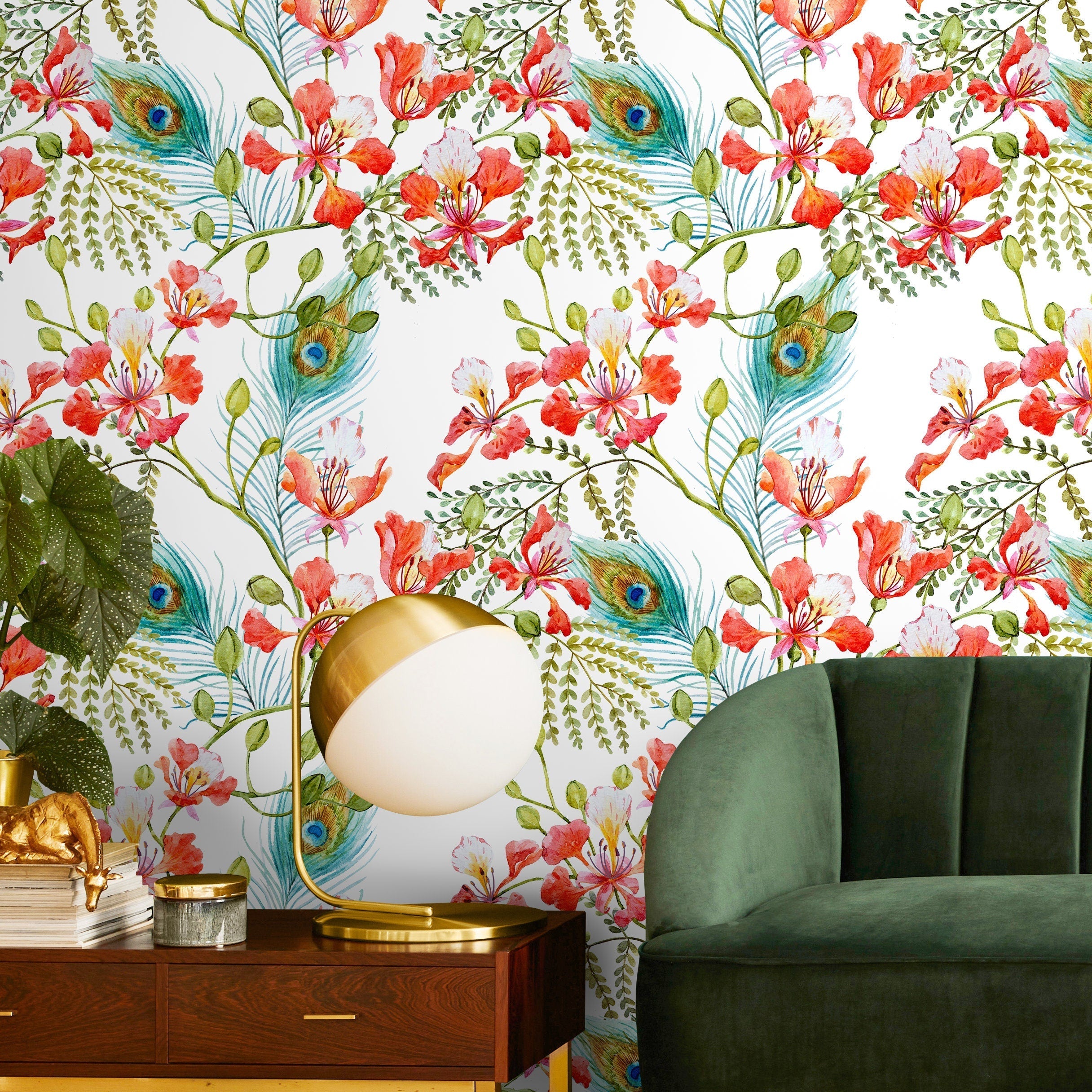 Floral Wallpaper With Peacock Feathers And Blooms In Red, Teal, And Green - A269