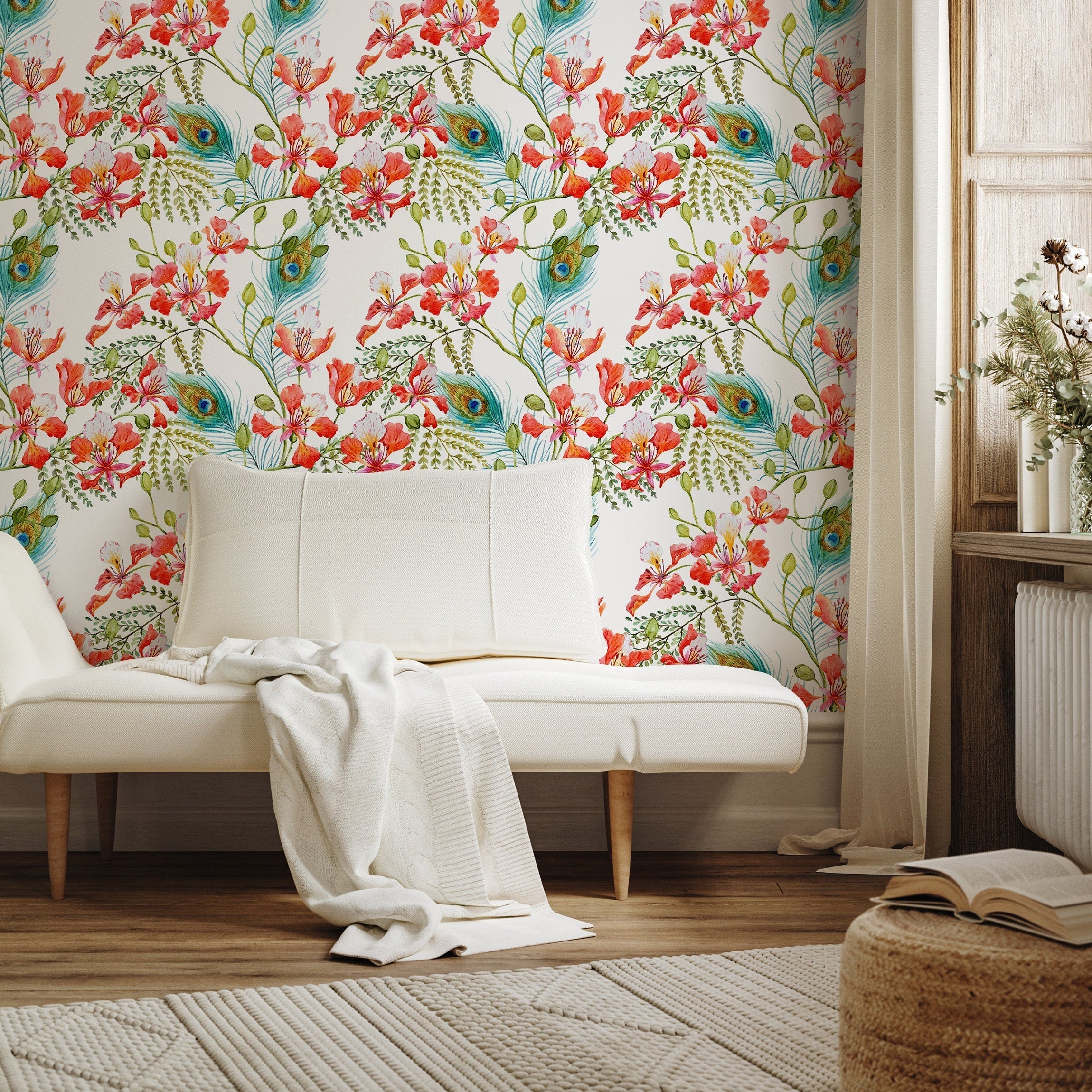 Floral Wallpaper With Peacock Feathers And Blooms In Red, Teal, And Green - A269