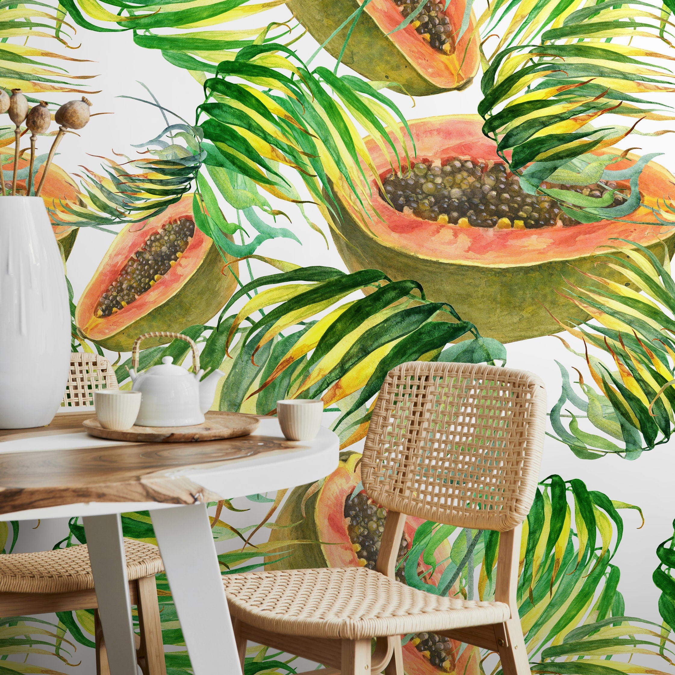 Tropical Wallpaper With A Papaya And Palm Leaf Motif In Green, Orange, And Yellow - A274