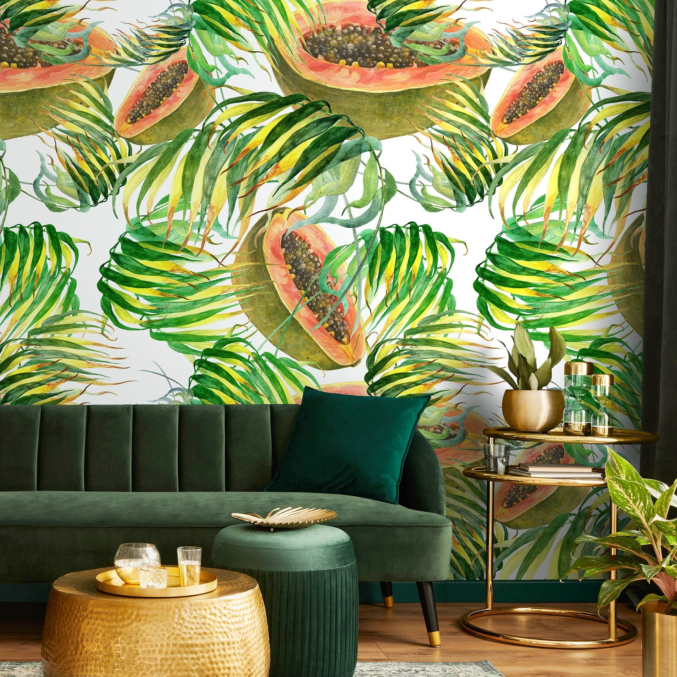 Tropical Wallpaper With A Papaya And Palm Leaf Motif In Green, Orange, And Yellow - A274
