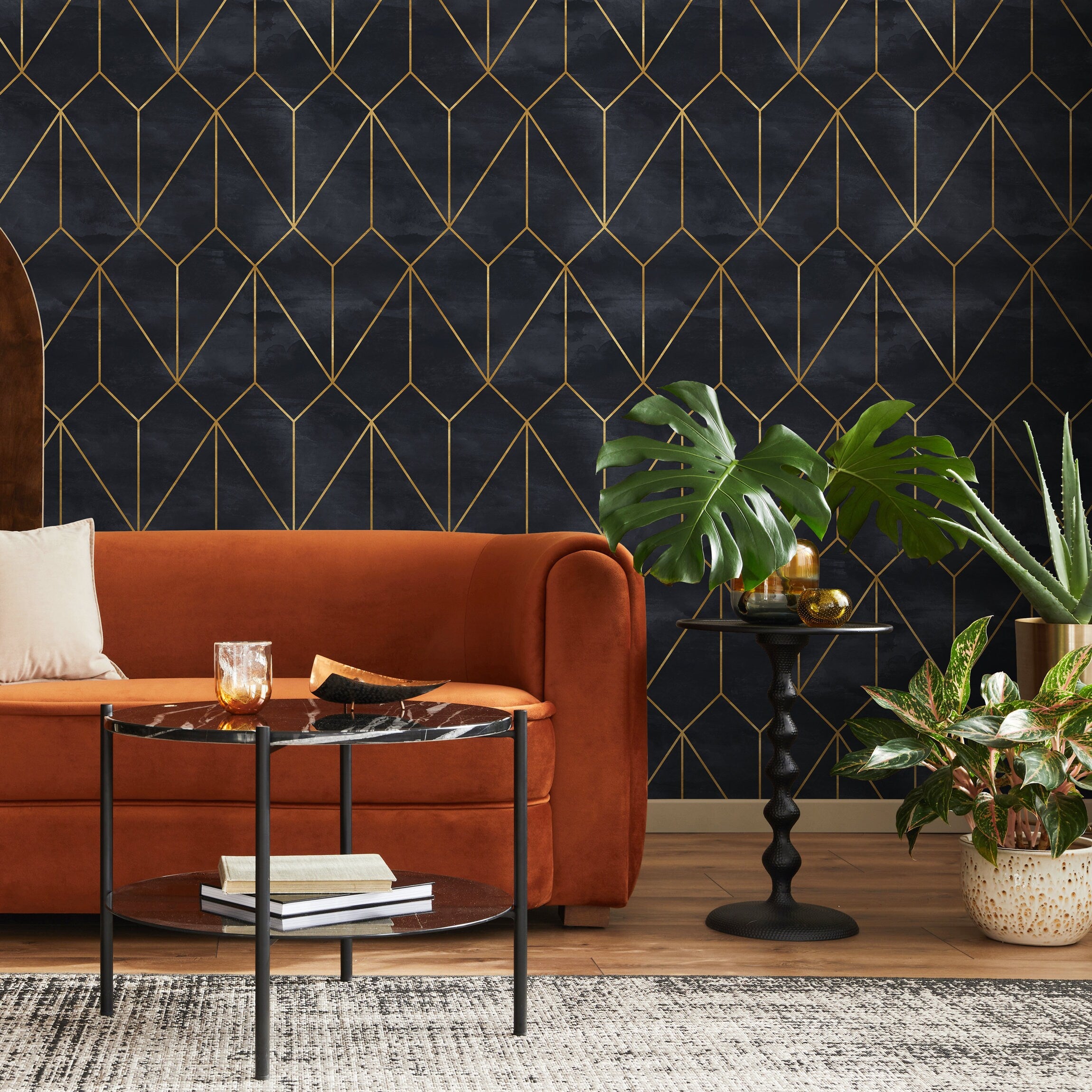 Geometric Wallpaper With Art Deco Lines In Dark Blue And Gold - A540