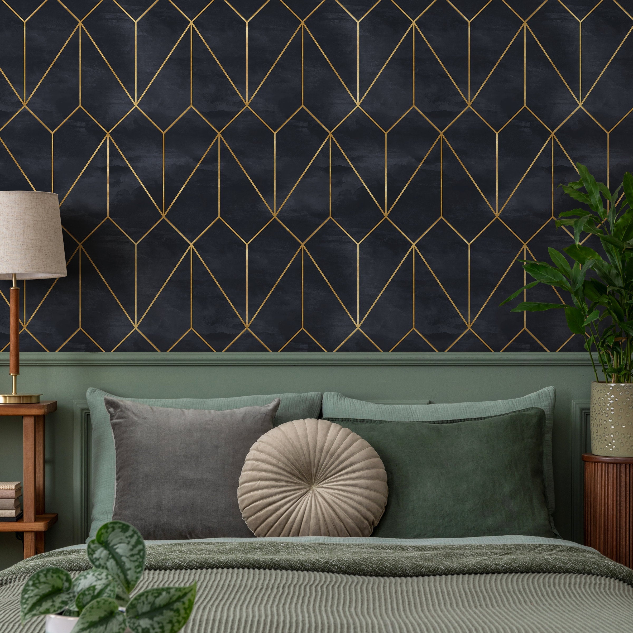 Geometric Wallpaper With Art Deco Lines In Dark Blue And Gold - A540