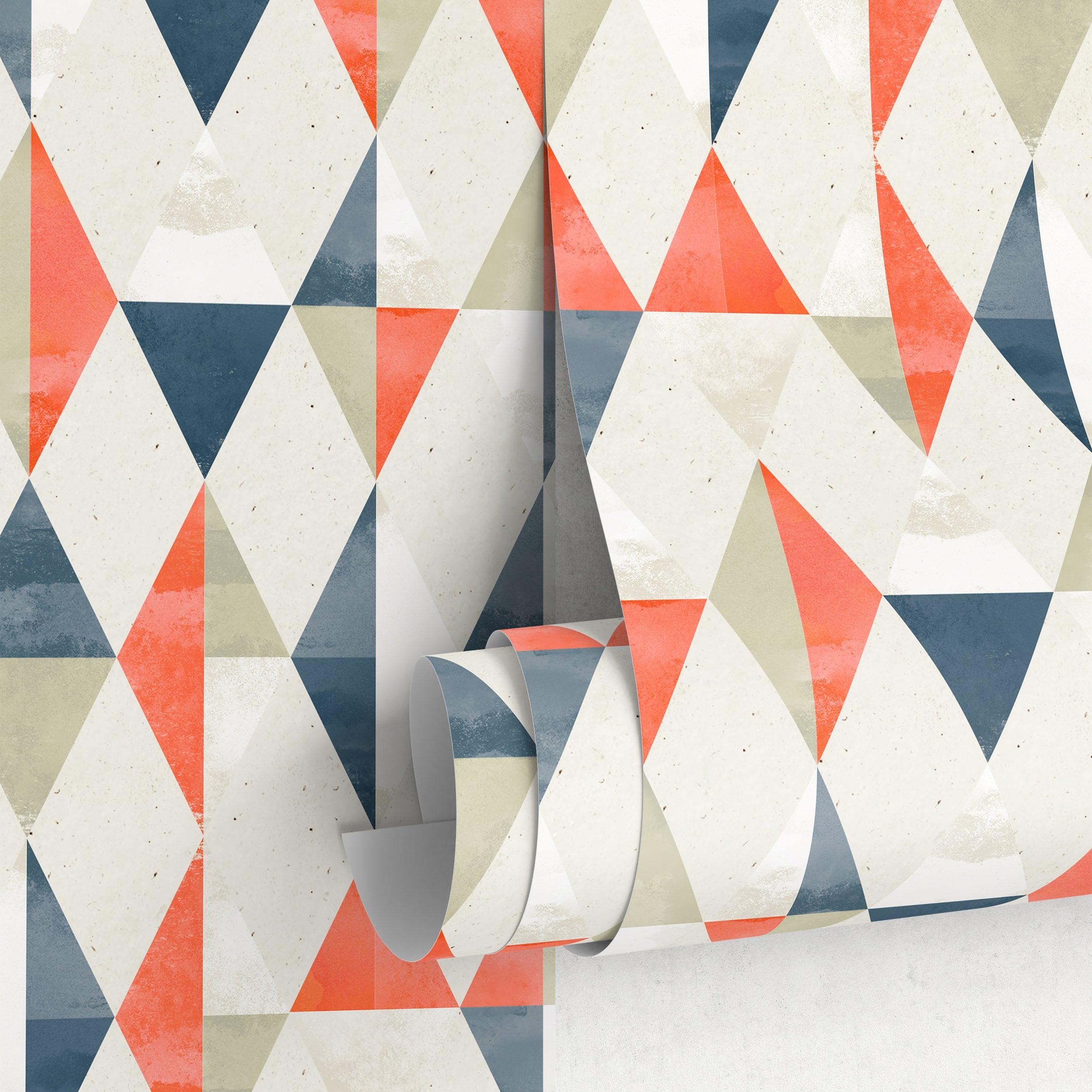 Geometric Wallpaper With A Retro Triangle Pattern In Blue, Orange, And Beige - A412