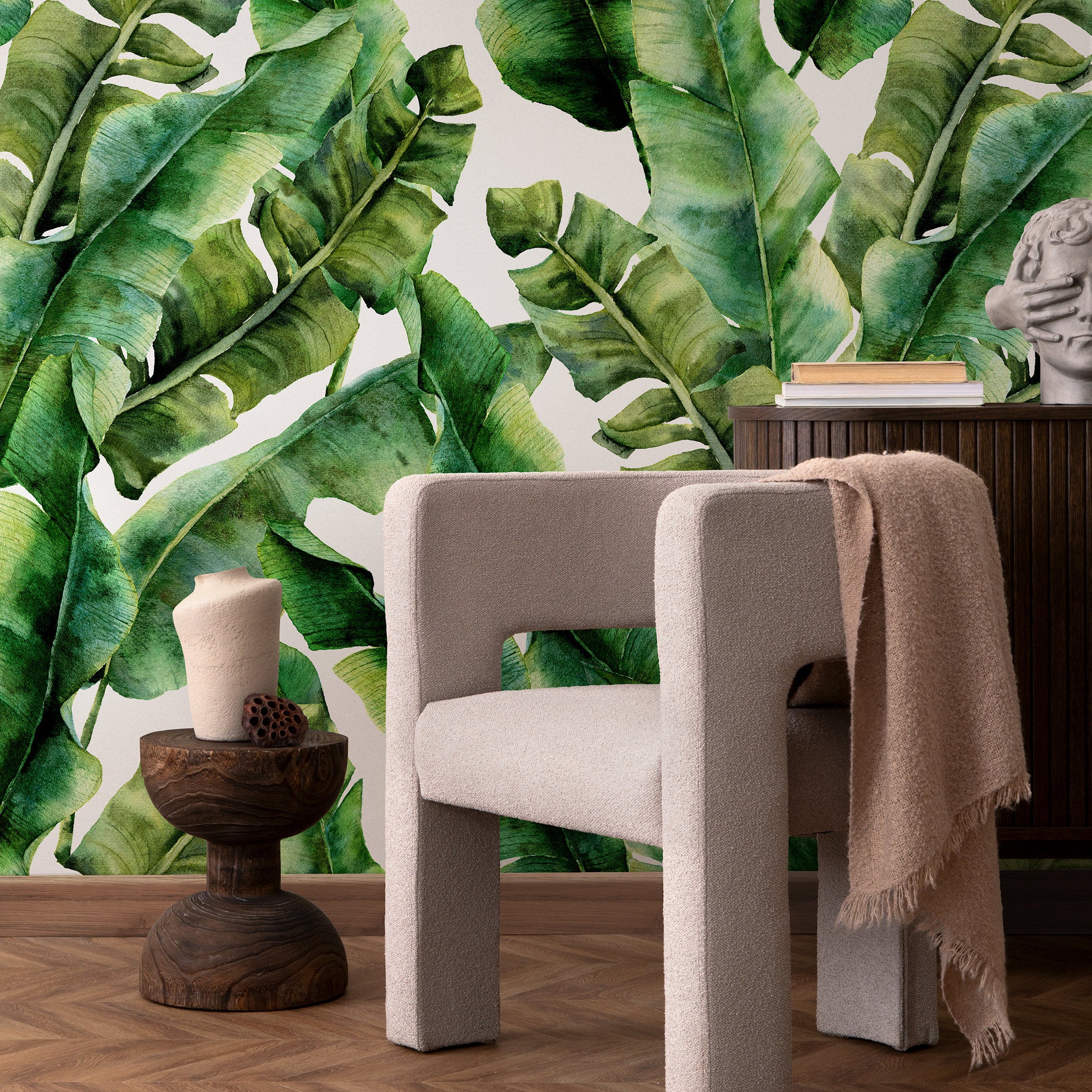 Tropical Wallpaper With A Watercolor Banana Leaf Motif In Green - A498