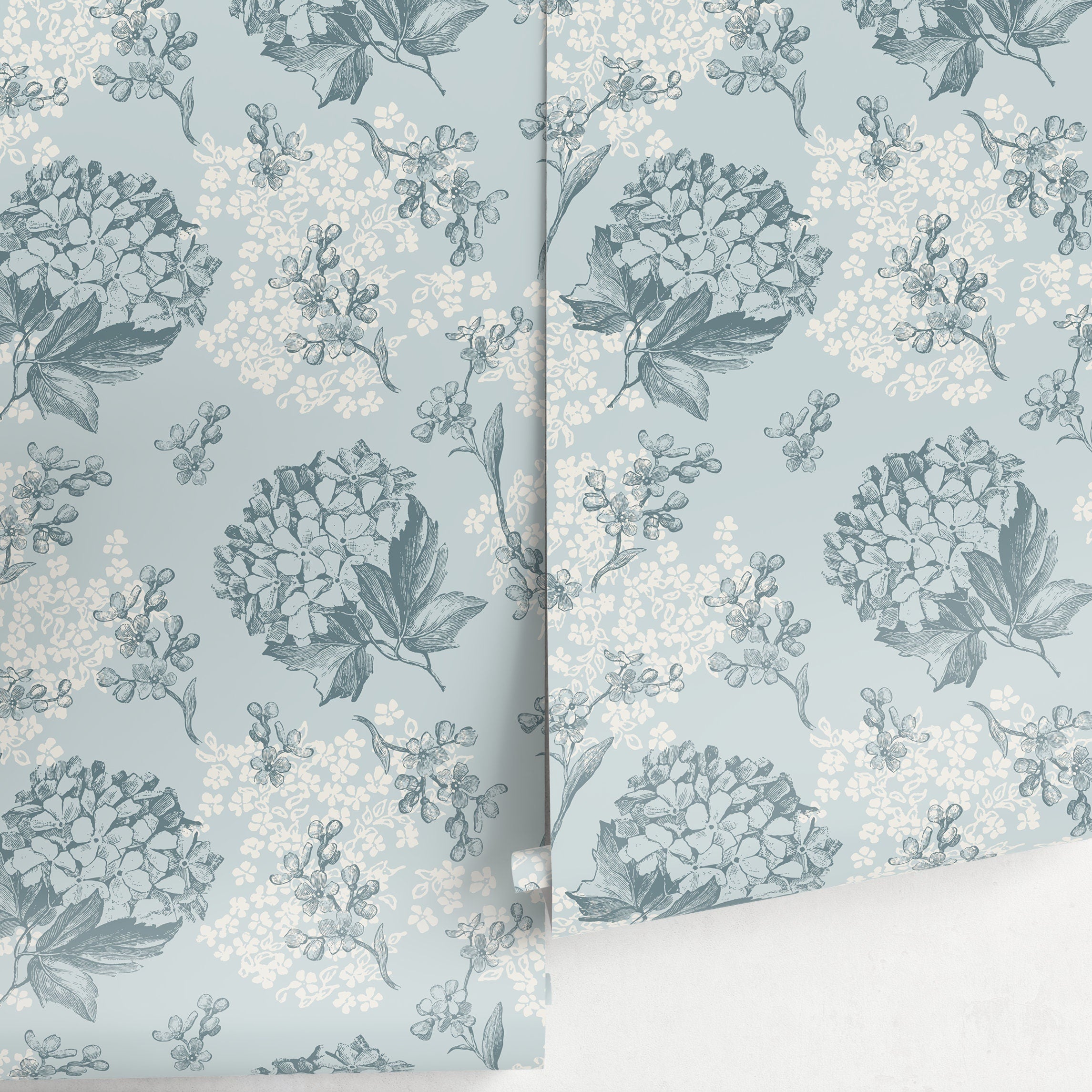 Floral Wallpaper With Vintage Hydrangeas In Blue, Slate Blue, And Cream - A631