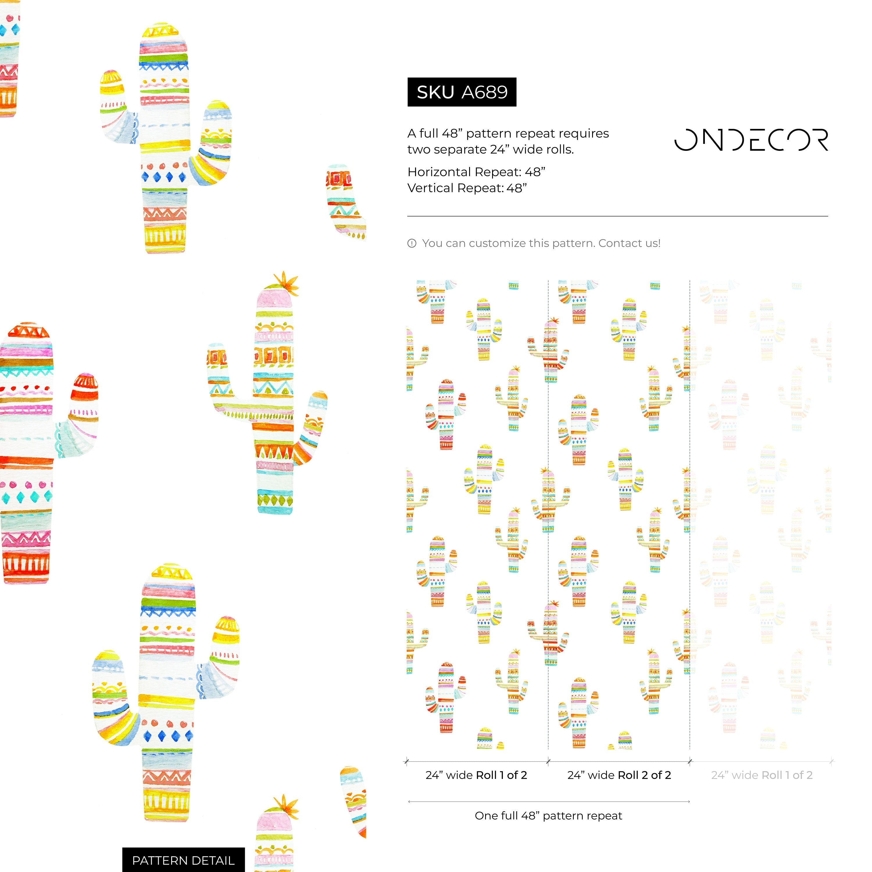 Bohemian Wallpaper With Whimsical Patterned Cacti In Pink, Yellow, And Blue - A689