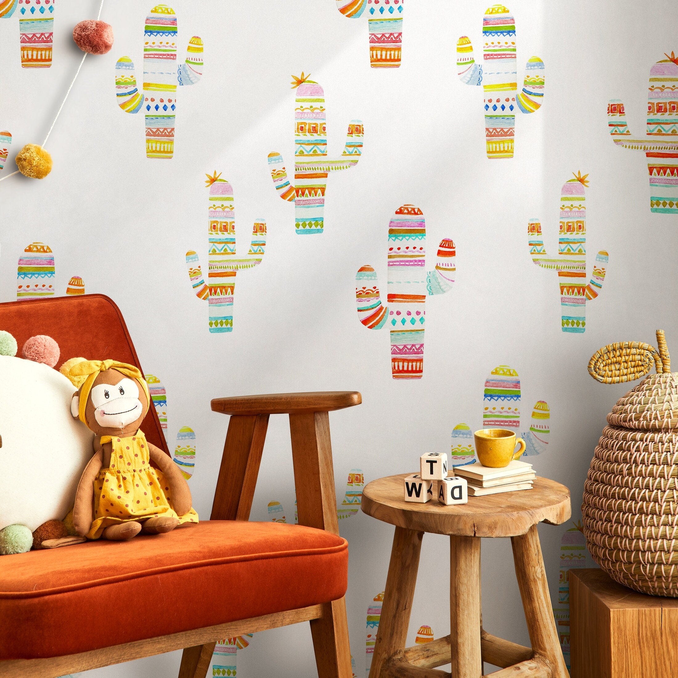 Bohemian Wallpaper With Whimsical Patterned Cacti In Pink, Yellow, And Blue - A689