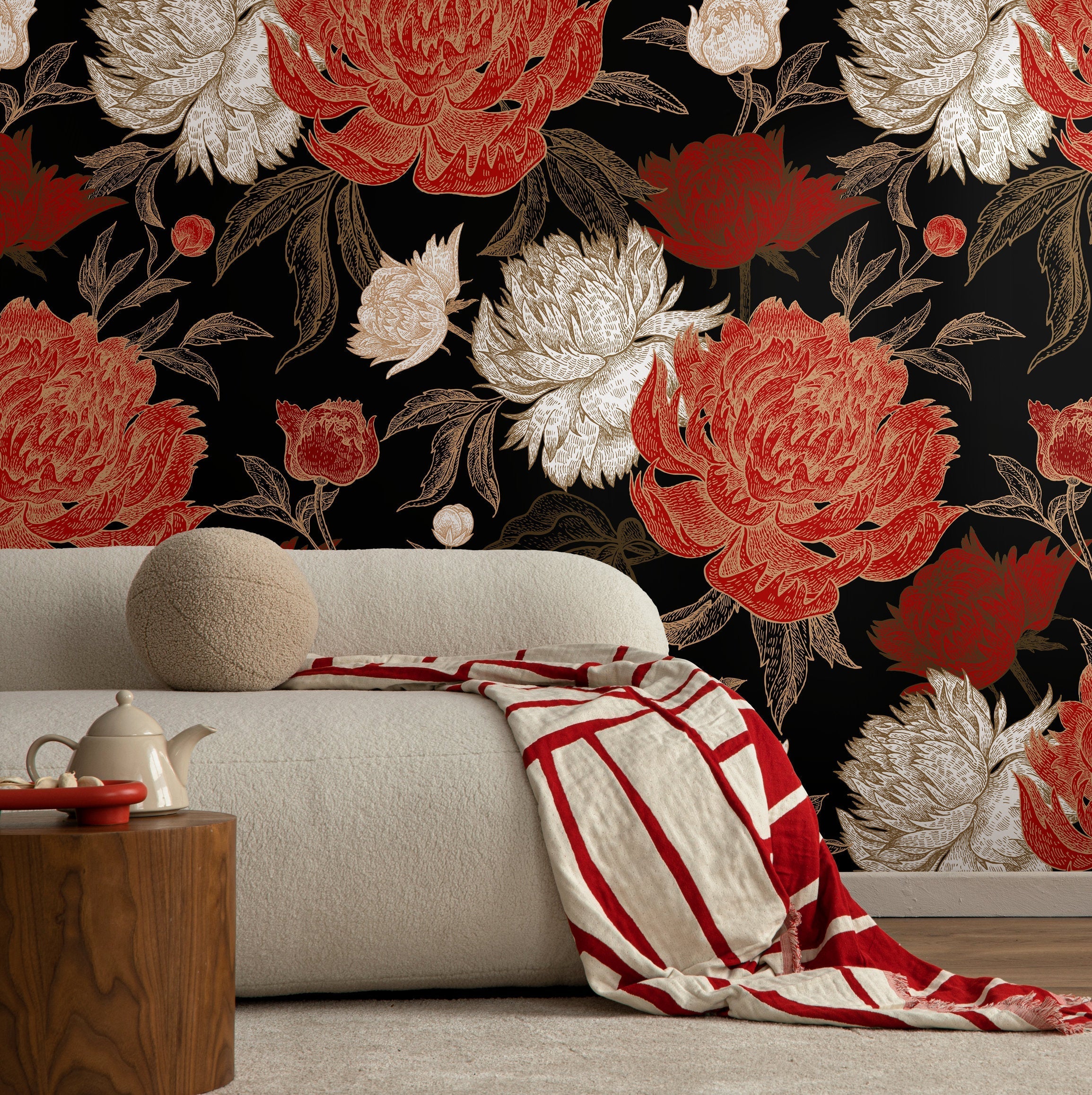Floral Wallpaper With Engraved Peonies In Black, Red, And Gold - A702